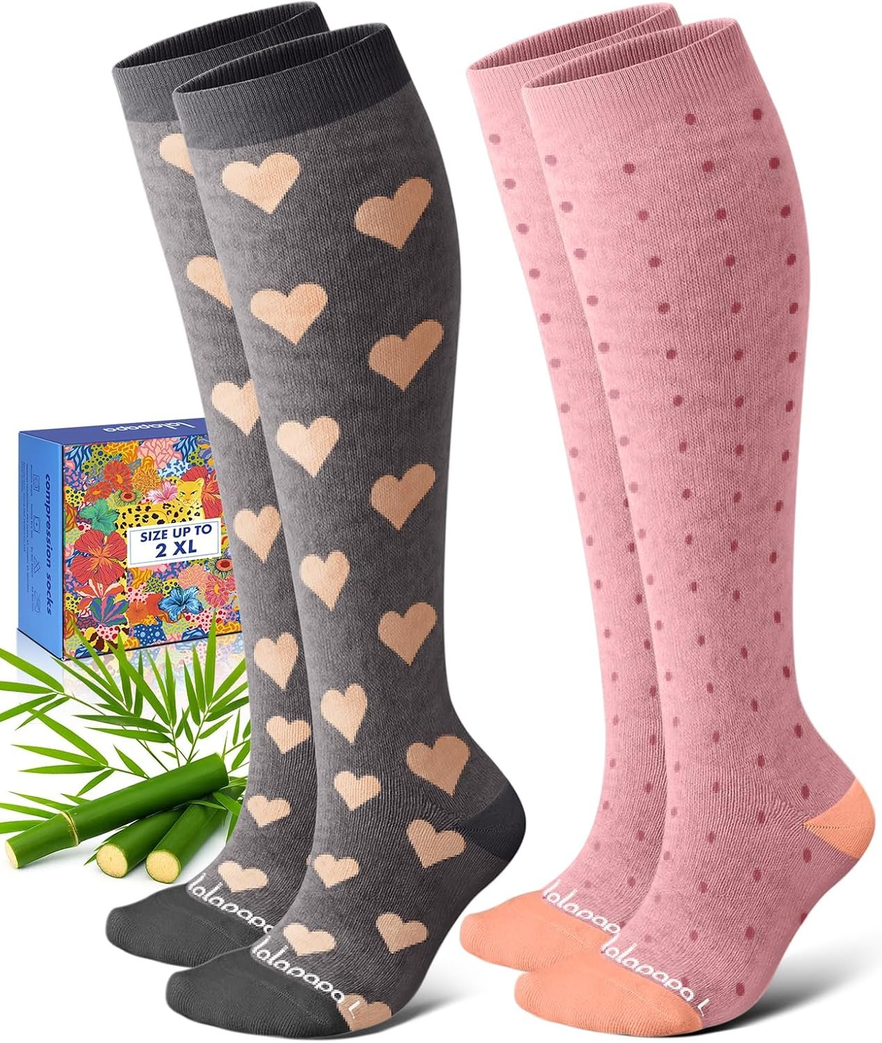 Bamboo Viscose Compression Socks for Women Men 2 Pairs 15-20mmHg Knee High Compression Socks Travel Nurse