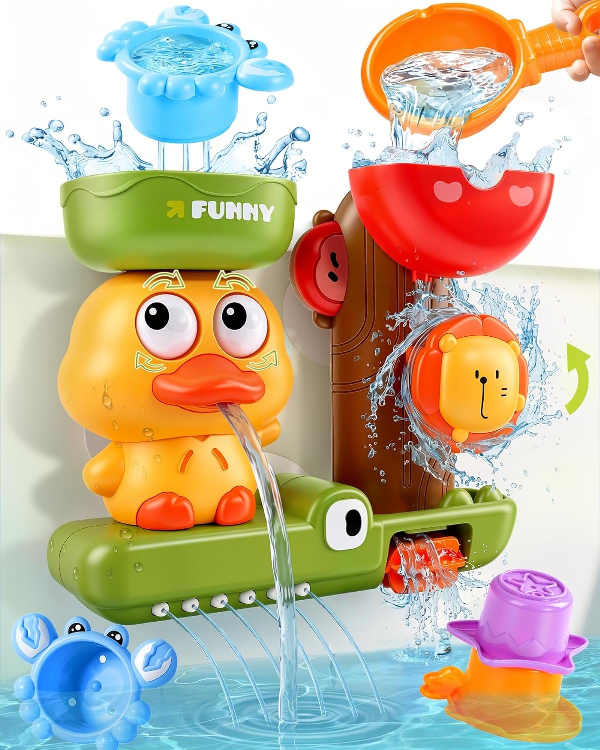 Toddler Bath Toys for Kids Ages 1-3 Waterfall Bathtub Toys for Toddlers 2-4 | with 3 Stacking Cups No Mold Baby Bath Toys Interactive Duck Water Shower Toys for Boys Girls Gifts with Strong Suction Cups