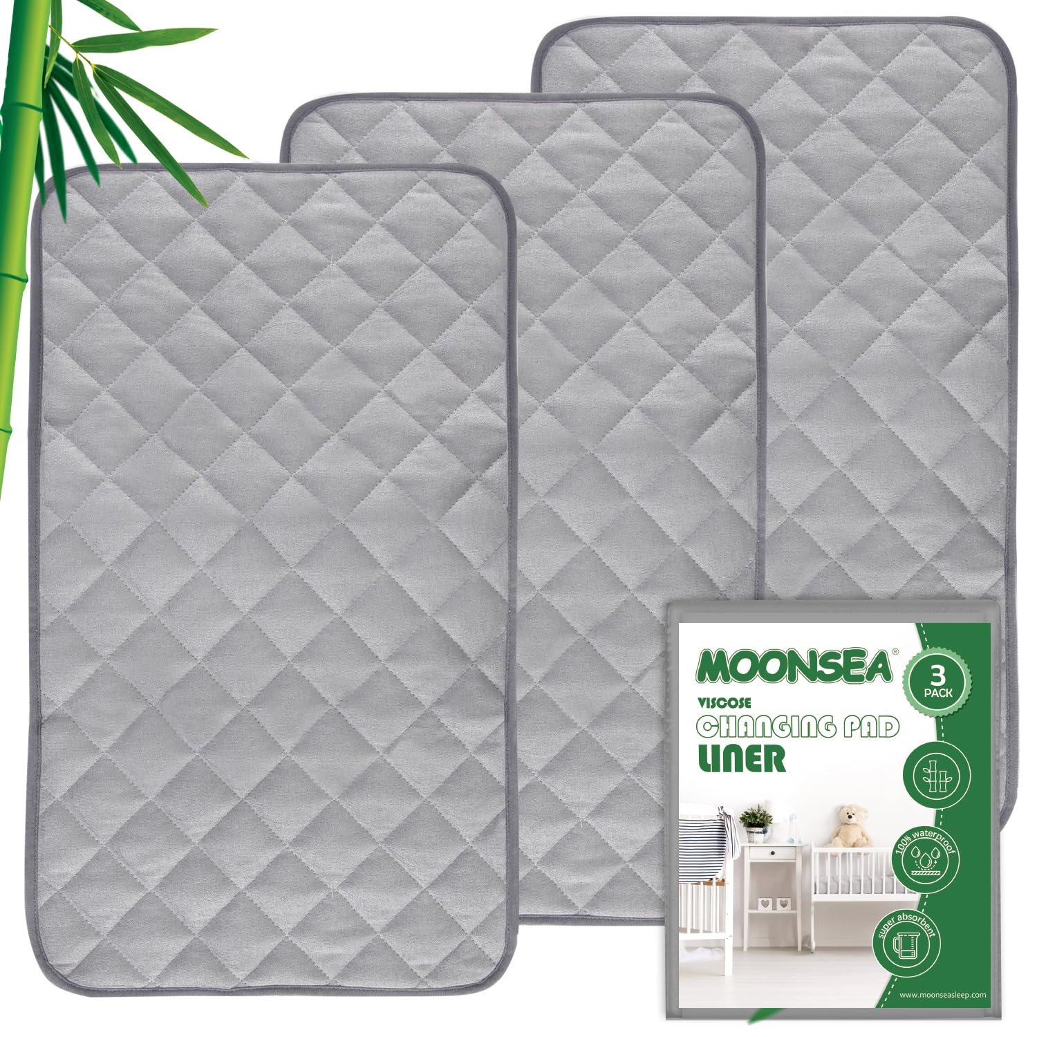 Diaper Changing Pad Liner Non-Slip, Waterproof Terry Mat, Quilted Absorbent Bassinet Liners Washable, 3 Pack 13″x 26″ Reusable Portable Changing Table Pad Rectangle Grey