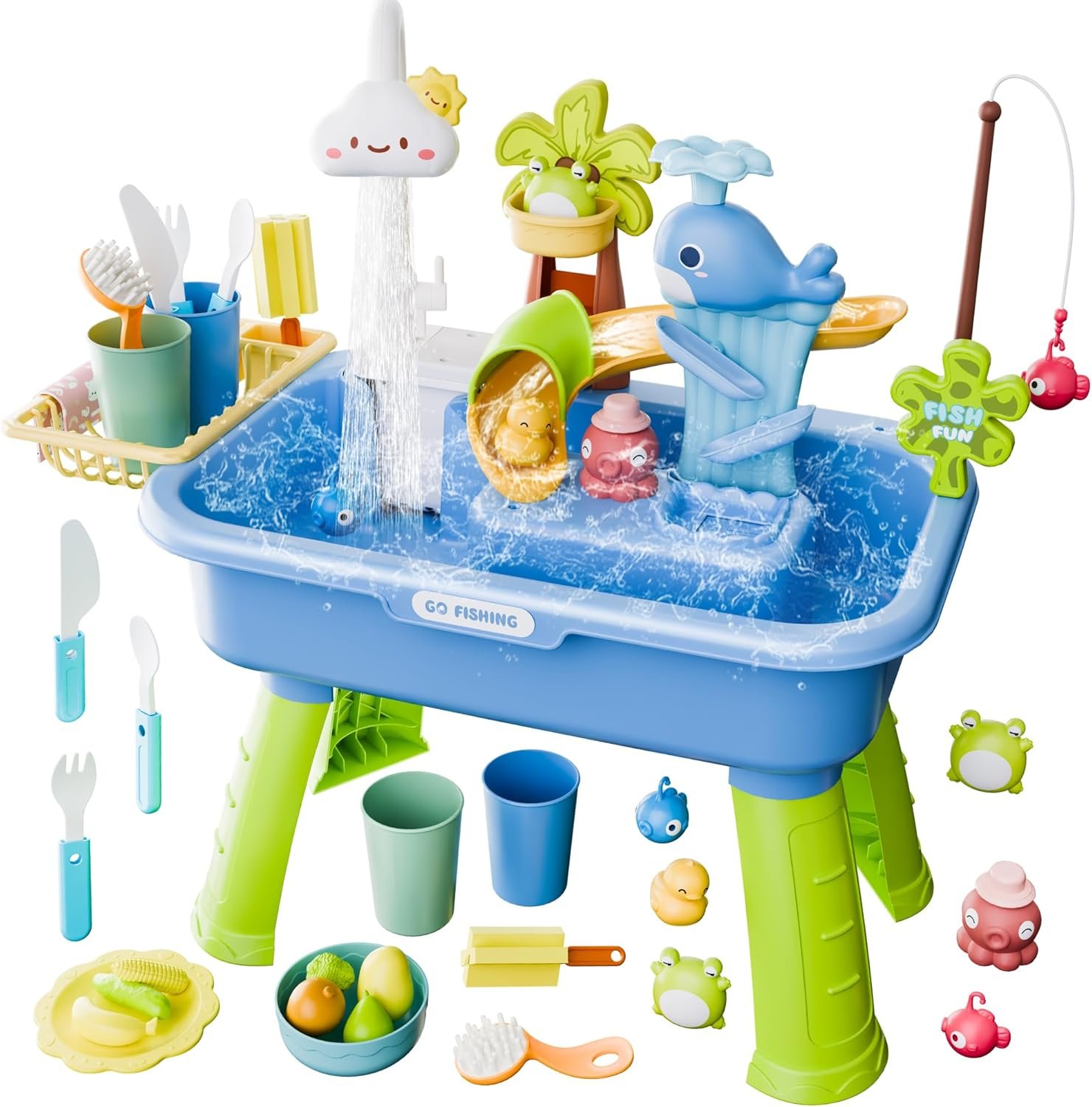 Toddler Water Table for 1-3 Year Old – Upgraded Electric Pump Water Toys, Outdoor Sensory Play Sand & Water Table, Kitchen Sink Toy with Running Water & Fishing Game, Summer Gifts for Boys Girls,Blue