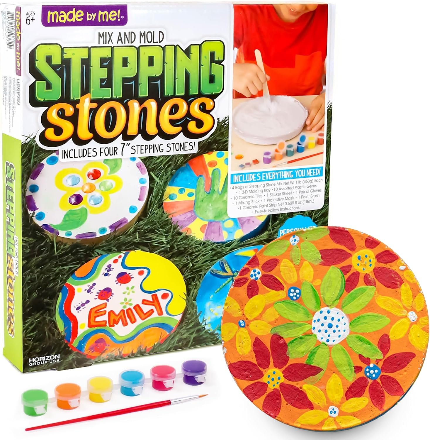 Made By Me Mix & Mold Your Own & Make 4 DIY Personalized Stepping Stones, Great Spring & Summer Weekend Activity, Perfect Keepsake, Birthday Party Idea for Kids Ages 5, 6, 7, 8, 9, Multicolor