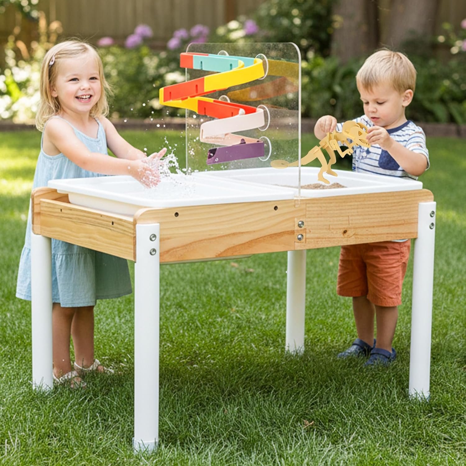 Woodtoe Sand and Water Table for Toddlers, Wooden Sensory Play Activity Table with Dinosaur Puzzle, 2 Collapsible Bins, Acrylic Board & Water Track Toys, Summer Outdoor Toys Kids Playset for Age 3+
