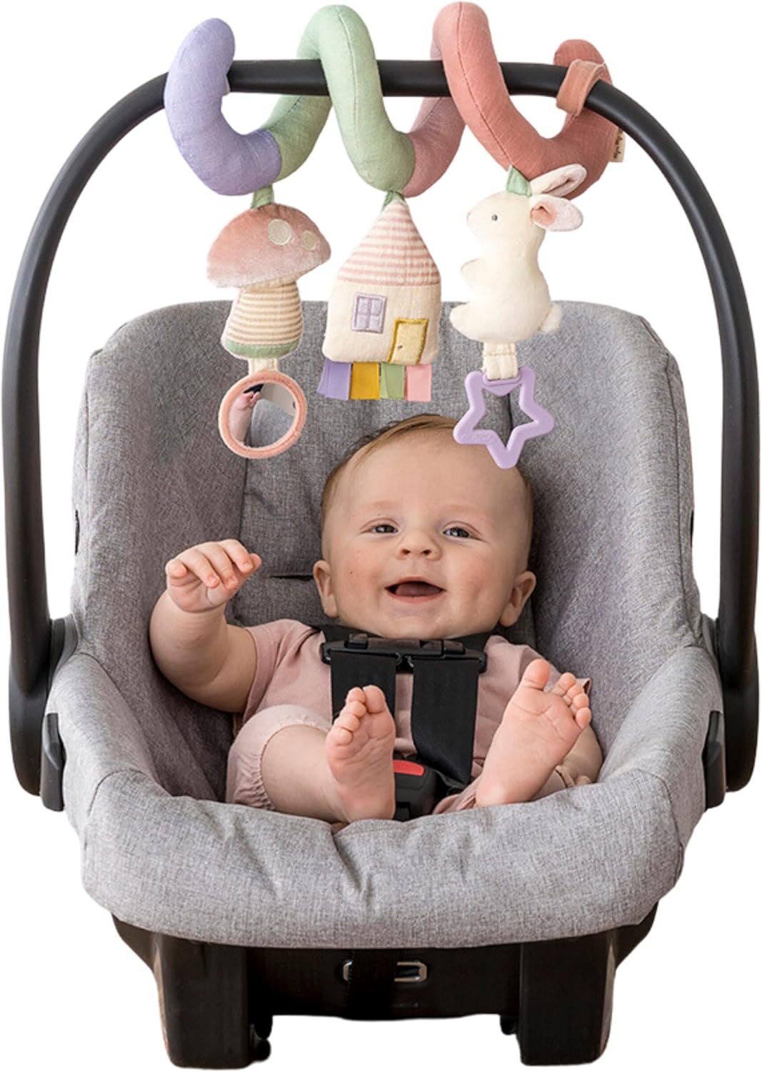 Itzy Ritzy Spiral Car Seat & Stroller Activity Toy – Stroller & Car Seat Toys for Ages 0 Months and Up – Hanging Toys Include Dangling Ring, Mirror and Textured Ribbons (Pastel Rainbow)