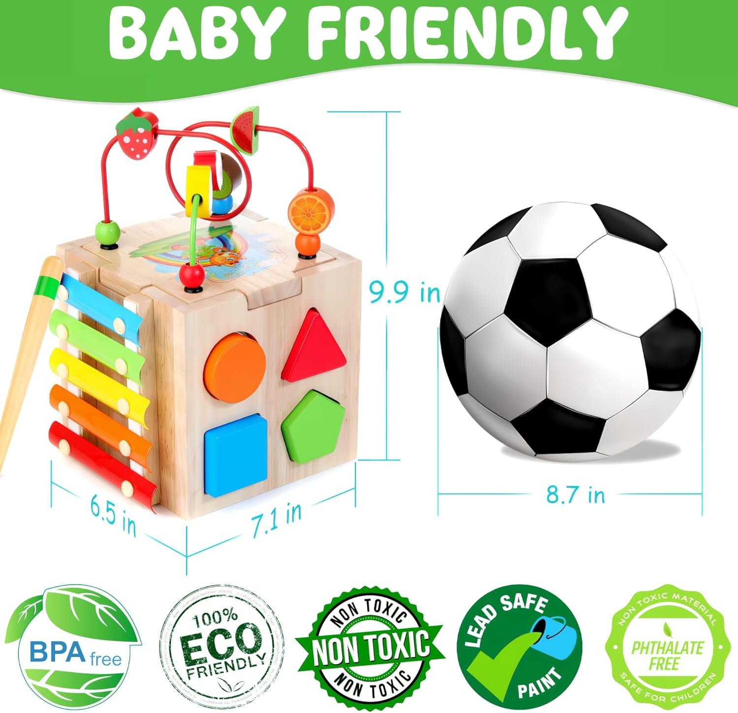 8-in-1 Wooden Baby Activity Cube – Xylophone, Shape Sorter, Abacus| 1st Birthday Gift Toys for One 1 2 3 Year Old Boy Girl | Montessori Educational Learning Toddler Toy| Bonus Sorting & Stacking Board