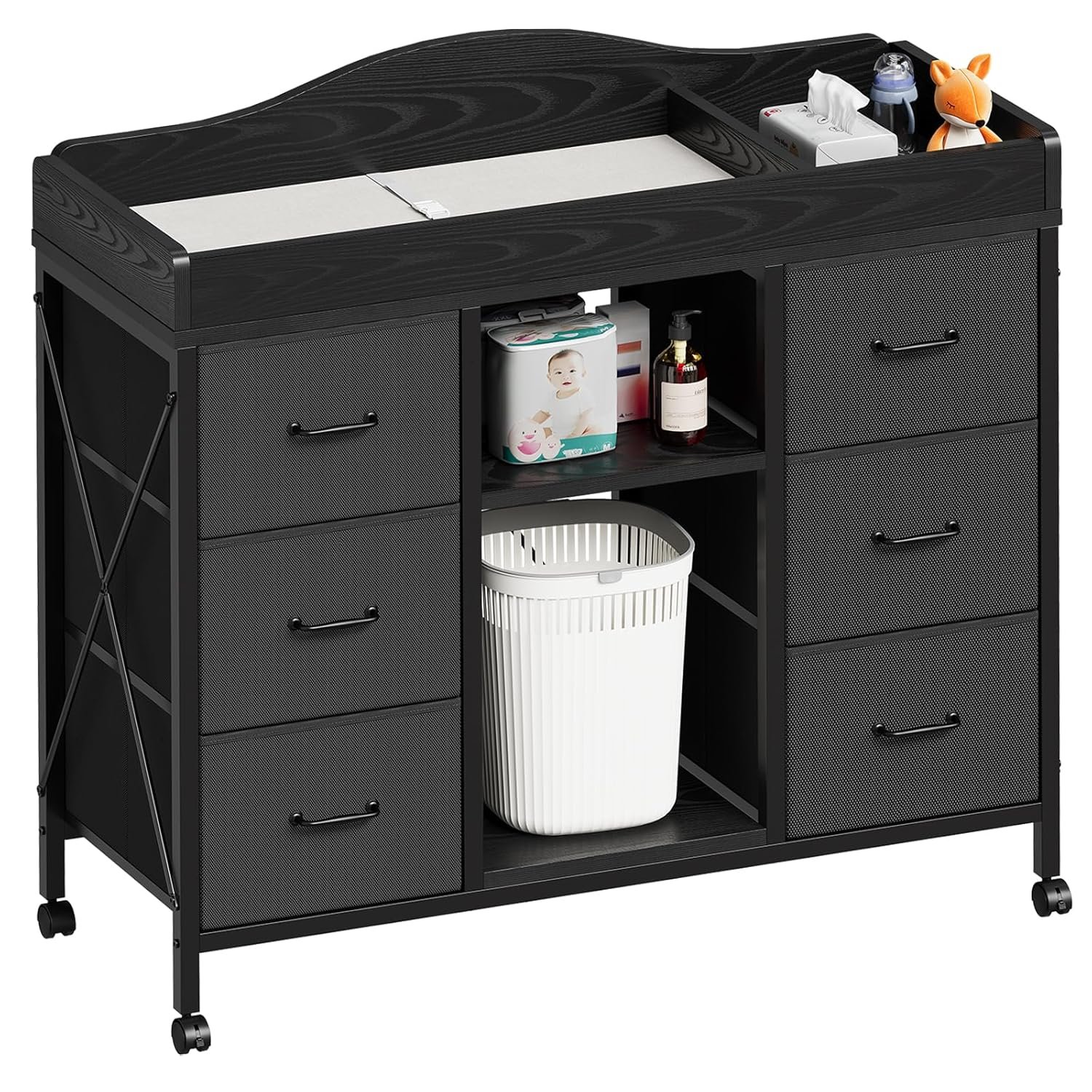 Yetom Changing Table, 6-Drawer Baby Dresser with Changing Table top,Waterproof Diaper Changing Station & Pad, 2 Height-Adjustable Open Storage Shelves, Mobile Nursery Organizer, Black