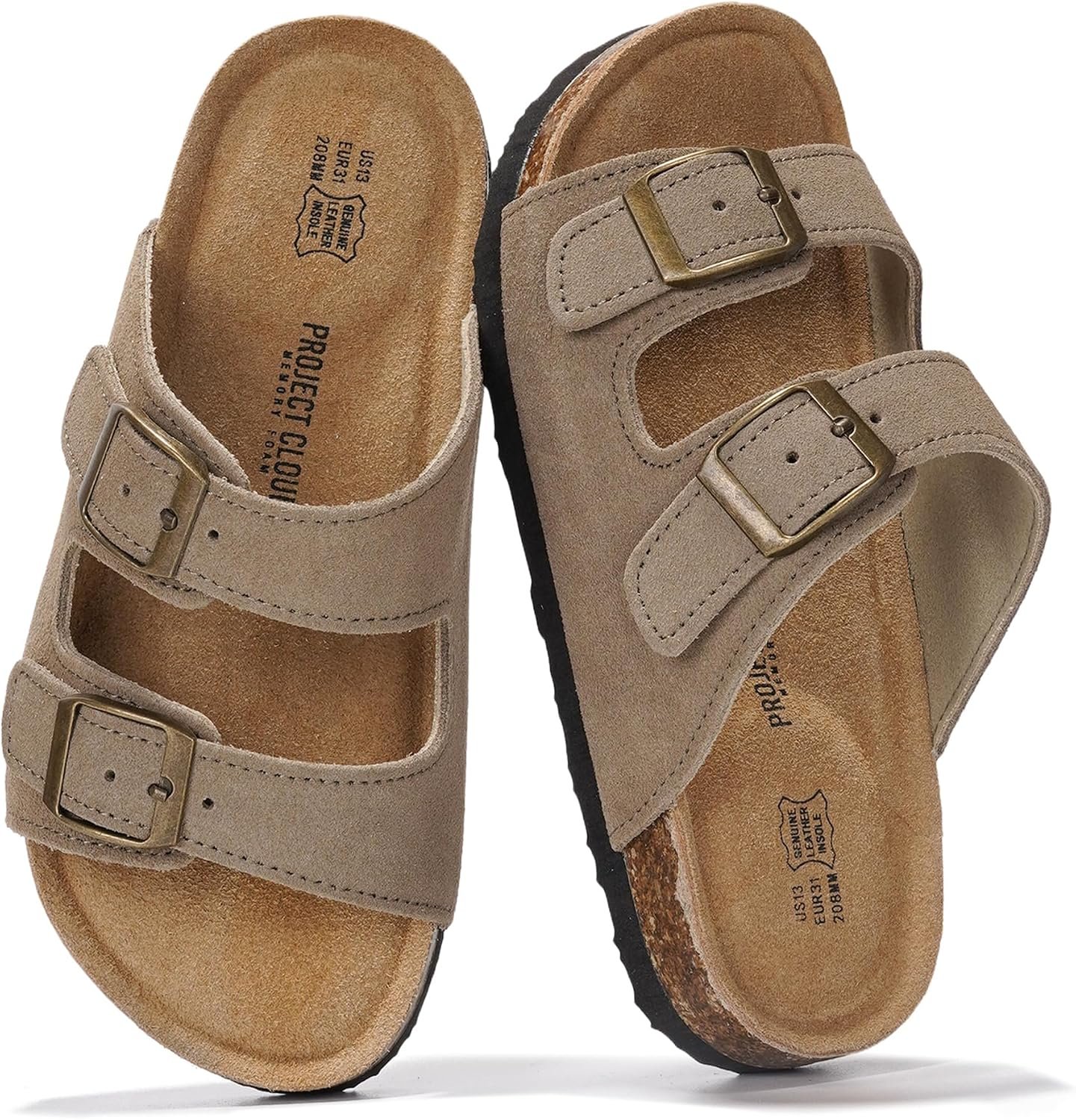 Project Cloud Kids Sandals 100% Genuine Leather – Natural Cork Footbed Non-Slip Slides for Kids – Lightweight Boys & Girls Sandals – Water-Resistant Girls & Boys Sandals