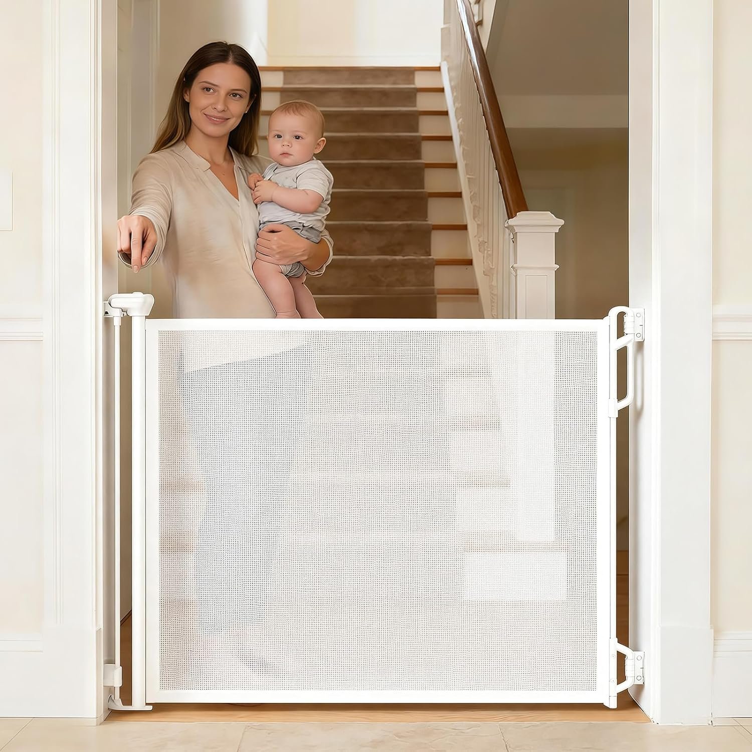 Spaceany Retractable Safety Baby Gate or Mesh Dog Gate,Durable Portable Mesh Retractable Gate,Easy to Use for Stairs, Doorways, Hallways, Indoor, Outdoor, 33.5″ Tall, Extends to 55″ Wide,White