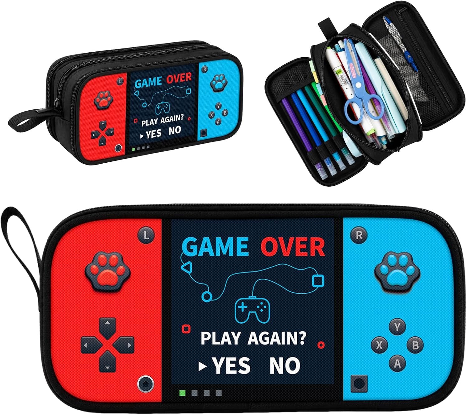 Large Game Controller Pencil Case for Teen Boy Kid Capacity Pen Box Pouch Organizer Holder Bag with 3 Compartments & Zipper School College Office Supplies(1PCS Pencil Case)