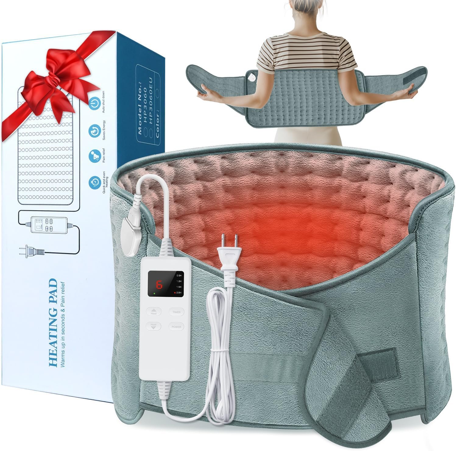 IGXHAVIZ Heating Pad for Back Pain Relief, Electric Heating Pad for Period Cramps Neck Shoulders with Belt, 4 Timer 6 Heat Setting & Auto Shut Off, 12″x24″+20″ Large Moist Heat Pad for Mom,Dad