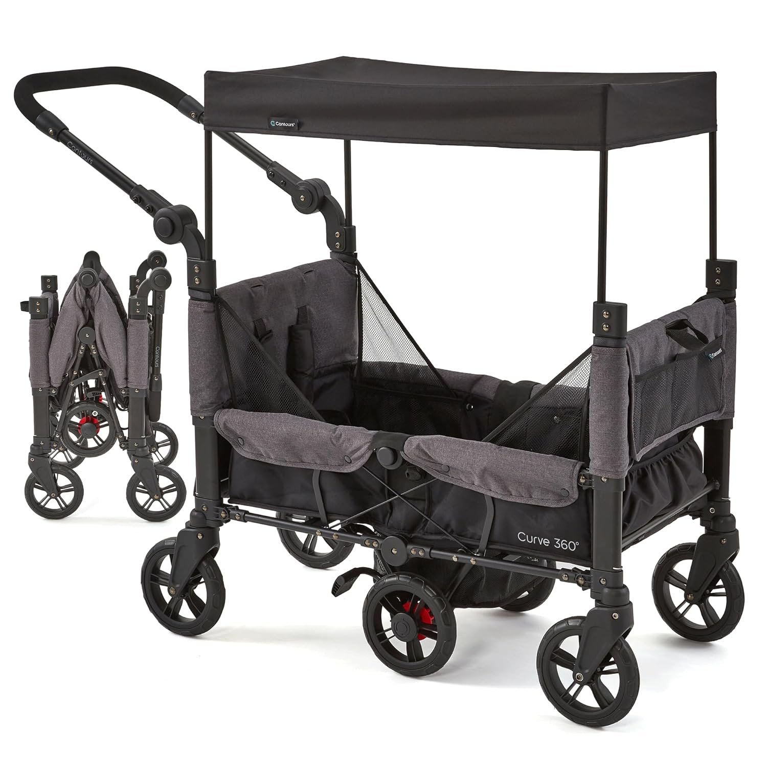 Contours Curve 360 Double Stroller Wagon – Lightweight, Car Seat Compatible, 2 Kids, Ultra Maneuverable