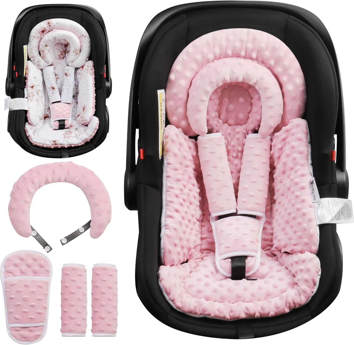 BOMOLOUR Infant Car Seat Insert with Removable Cushion for Baby Preemie Newborn Infant, Reversible carseat Insert Head Body Support Fits for Stroller, Baby Swing, Rocker, Bouncer, Bassinet – Pink
