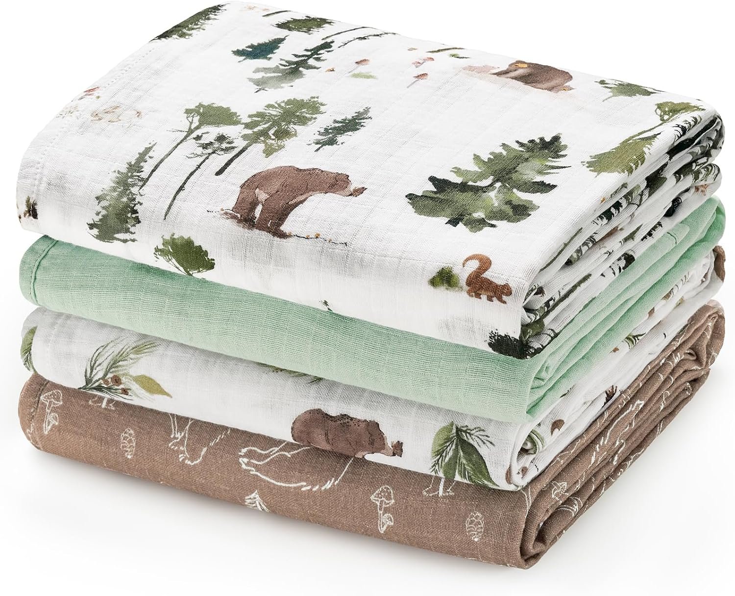 david’s kids 4 Pack Baby Muslin Swaddle Blankets, 100% Cotton and Ultra Soft Breathable Receiving Blanket Wrap for Boys Girls, New Born Essentials, Large 47 x 47 inches, Woodland Animals/Green