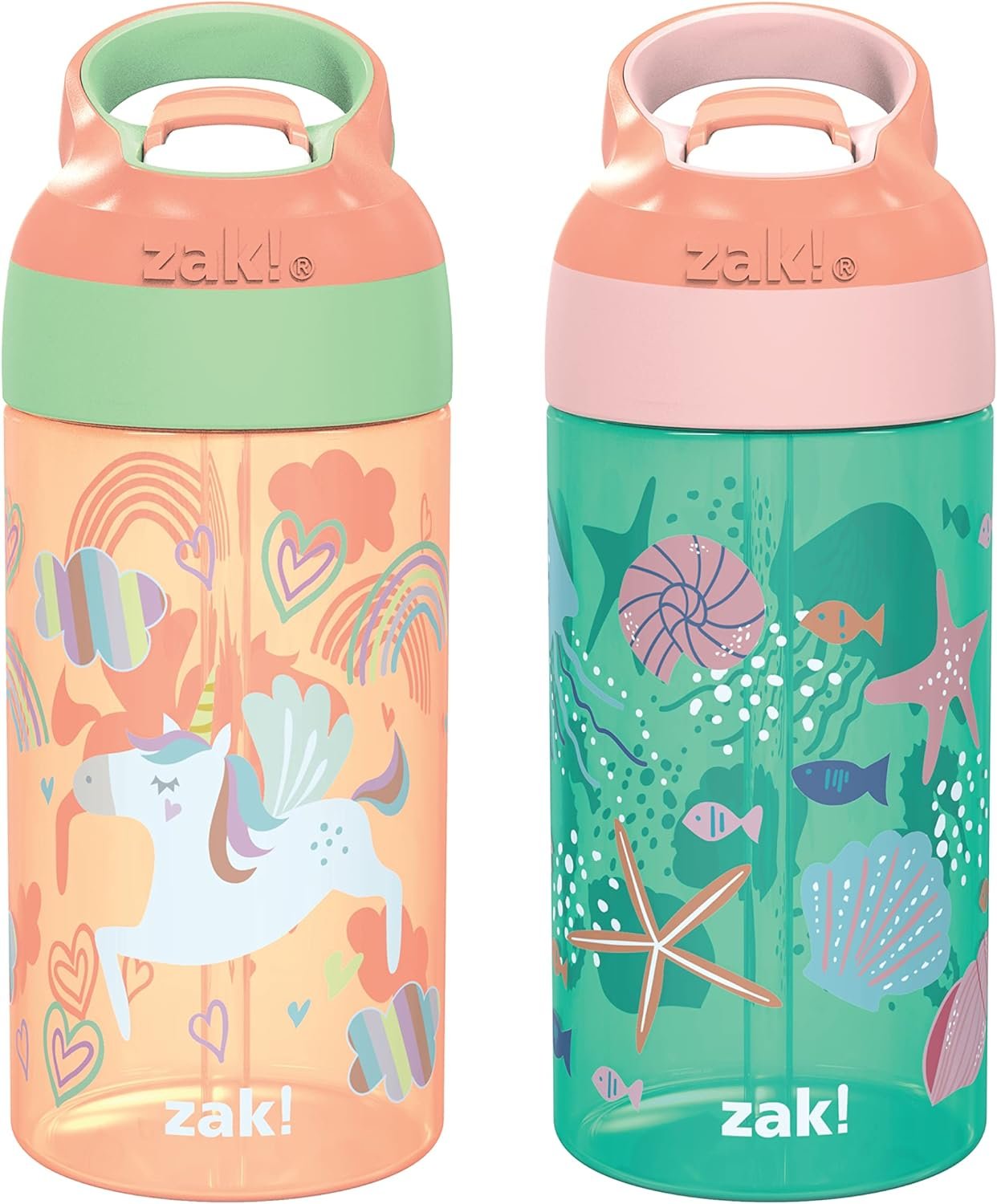 Zak Designs 16oz Riverside Kids Water Bottle with Spout Cover and Built-in Carrying Loop, Made of Durable Plastic, Leak-Proof Water Bottle Design for Travel (Unicorn & Shells, Pack of 2)