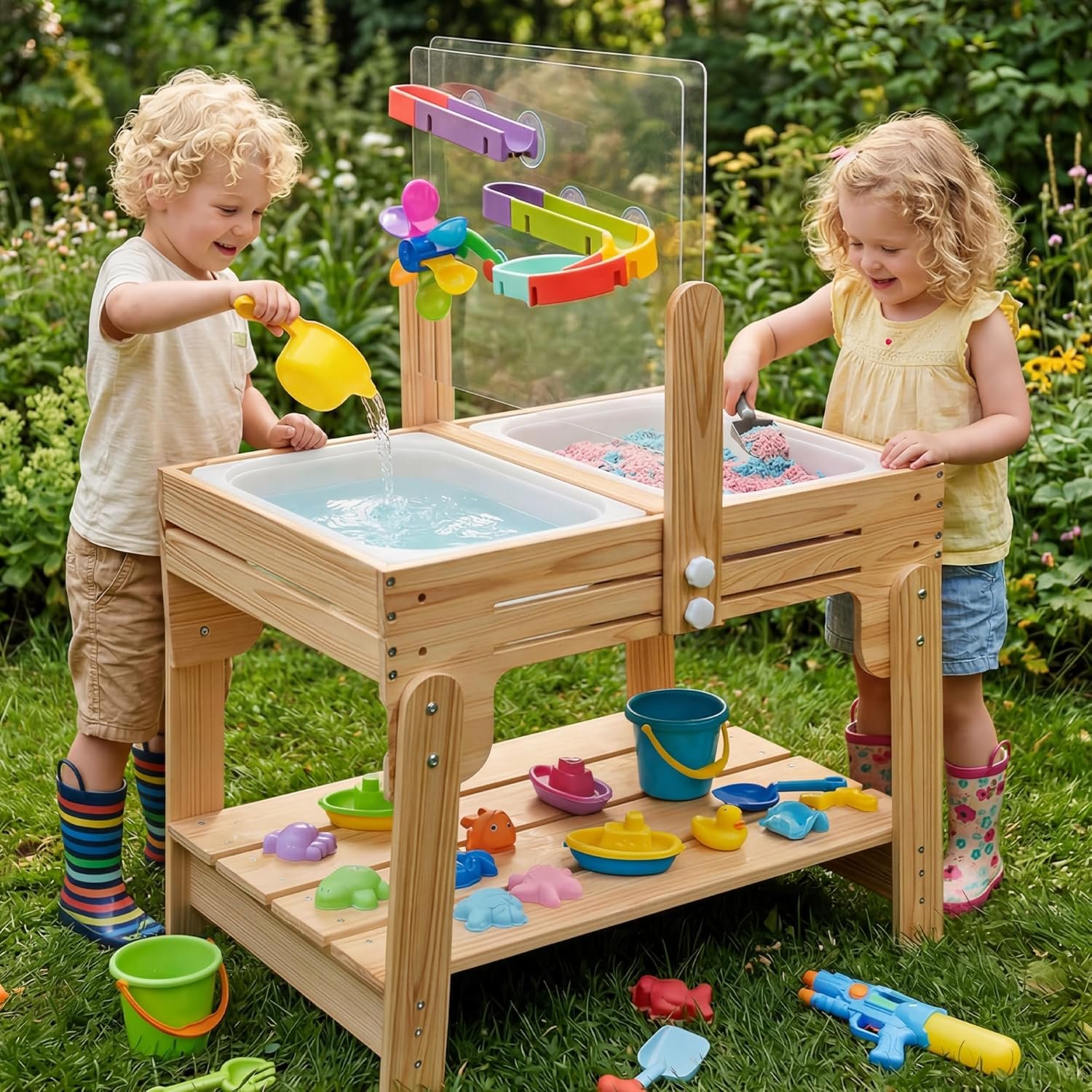 Water Table for Toddlers, Adjustable Height Wooden Sand and Water Table with 2 Collapsible Bins, Acrylic Activity Board, Water Track Toys & 16-Piece Play Set, Indoor Outdoor, Ages 3+