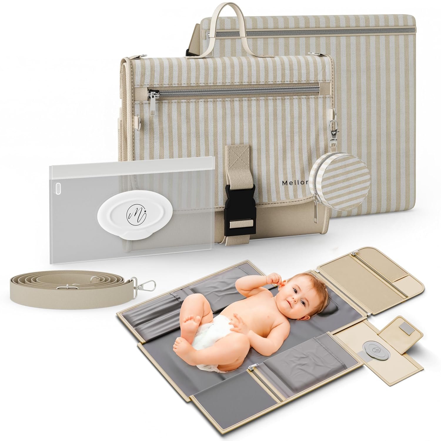 Portable Diaper Changing Pad – Large, Waterproof Travel Changing Pad for Baby with Extra Storage, Wipes Pocket & Pacifier Case – Portable Diaper Changing Station – Beige Striped