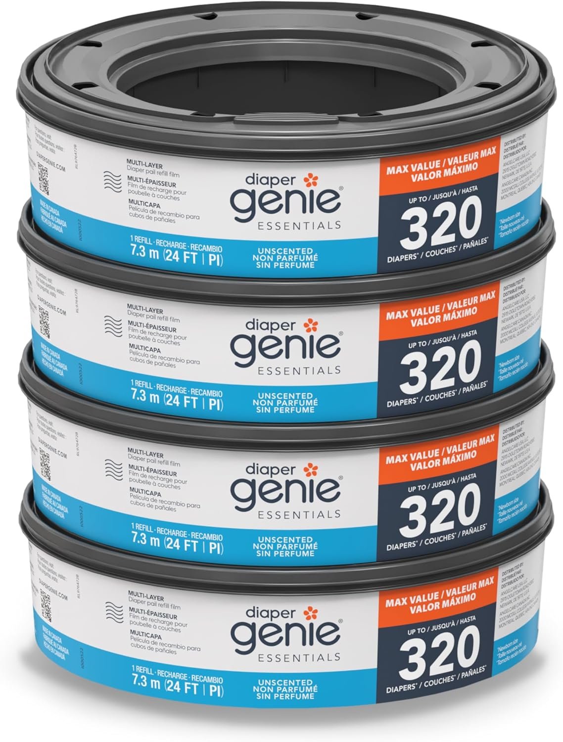 Diaper Genie Essentials Round Refill Pack of 4 | Holds Up to 1280 Newborn Diapers | Features Unscented Continuous Film | Compatible with Diaper Genie Complete and Expressions Pails