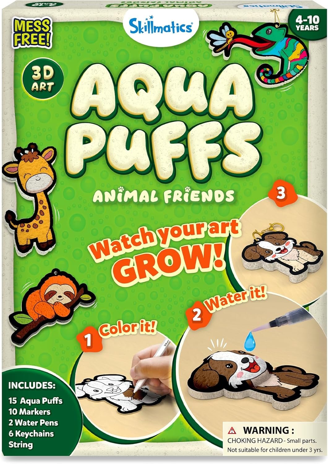 Skillmatics Aqua Puffs – 3D Art Kit, Animals, Mess-Free Paint by Number Craft for Kids, DIY Color Activity, Screen-Free Entertainment, Travel & Creative Gift for Girls & Boys Ages 4, 5, 6, 7, 8, 9, 10