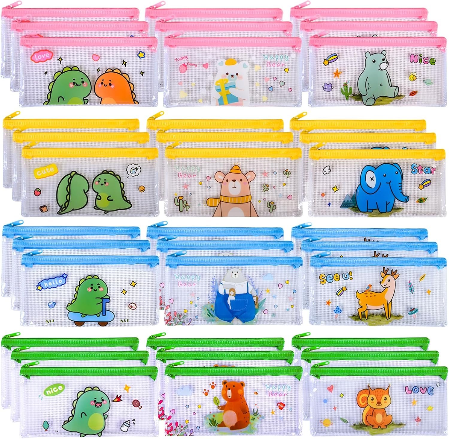 Ulema 36 Pcs Back to School Gifts Cartoon Mesh Pencil Pouch Bags Plastic Zipper Pouch 8×4 Inch for Classroom Organization School Office Supplies (36)