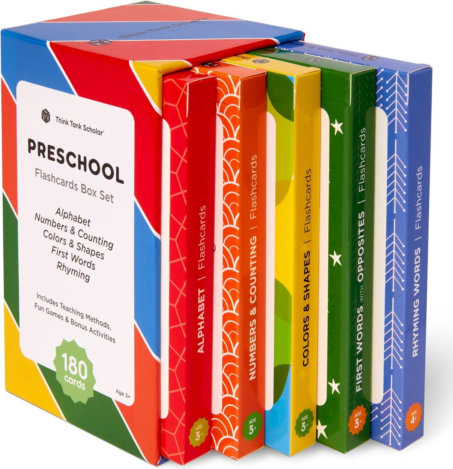 Award-Winning Flash Cards for Preschool & Kindergarten – 5-Deck Set, 180 Jumbo Cards – Learn Alphabet, Numbers, Colors, Shapes, First Words, Opposites & Rhyming – for Kids Ages 2–5