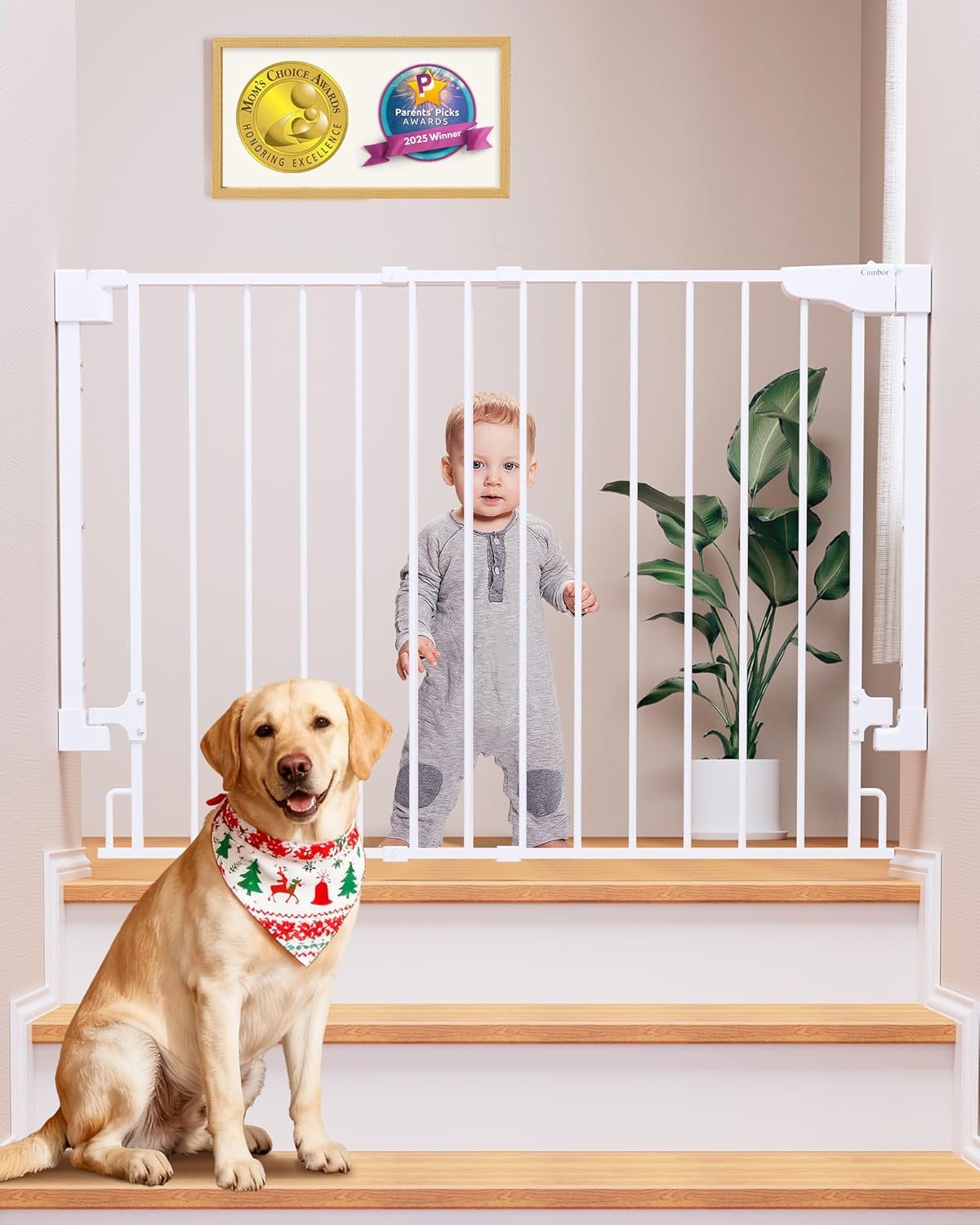 Cumbor 29.2–43″ Baby Gate for Stairs, Hardware Mounted (Drill Required), Expandable No Bottom Bar Dog Gate, Auto Close Extra Wide Walk Thru, Pet & Toddler Proof Gate, Top & Bottom of Stairways (White)