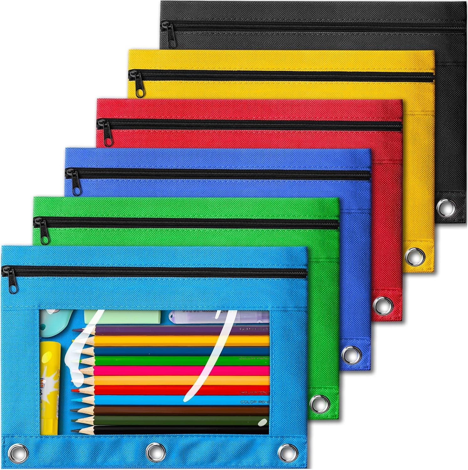 V-Opitos Pencil Pouch for 3 Ring Binder, Bulk 6 Pack 3-Holes Zipper Pencil Pouches in Assorted Colors, Sturdy and Durable Cloth Pencil Case with Clear Window for Office School College Supplies