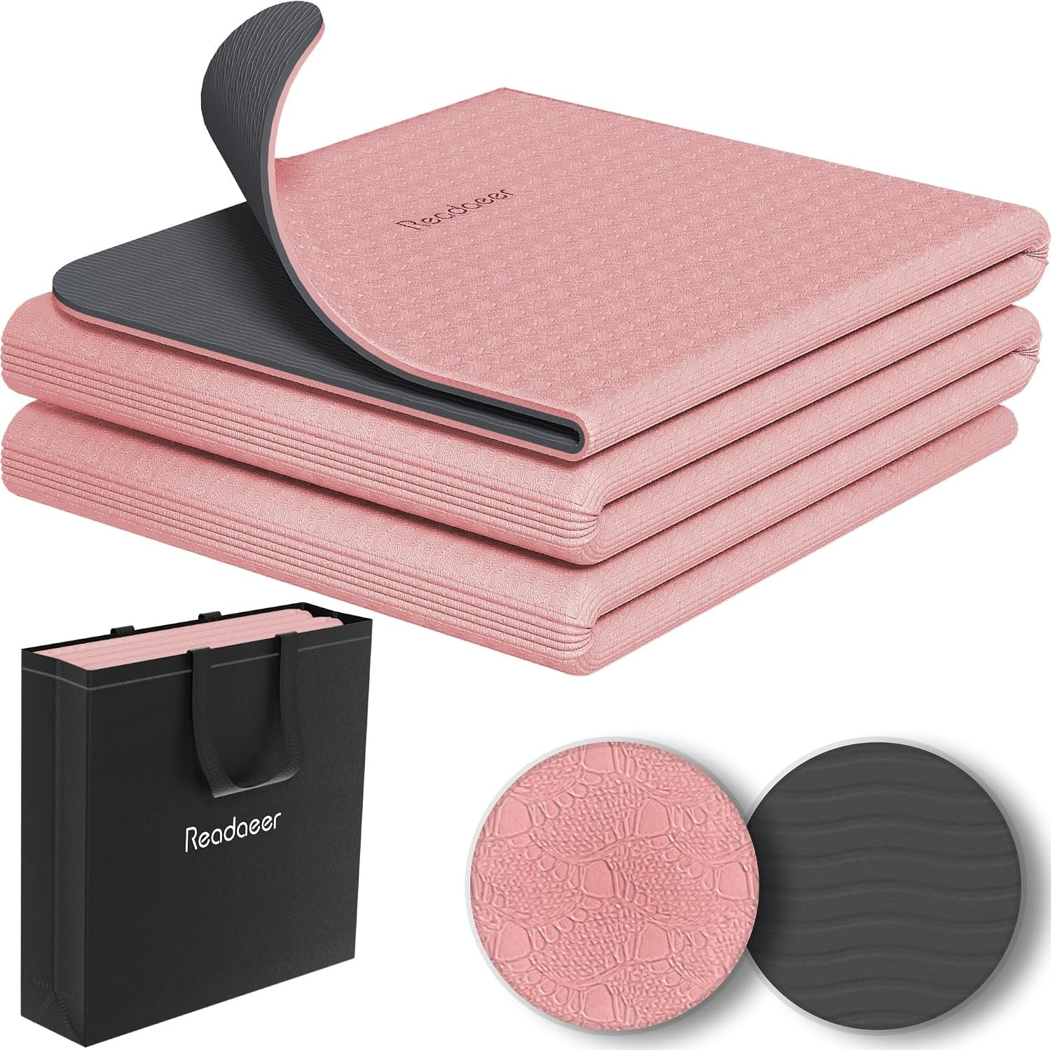 Readaeer Foldable Yoga Mat for Travel Folding Yoga Mat 6mm Thick with Carrying Bag, Non-Slip TPE Exercise Pilates Mat for 72″ L x 24″ W x 0.24 Inch