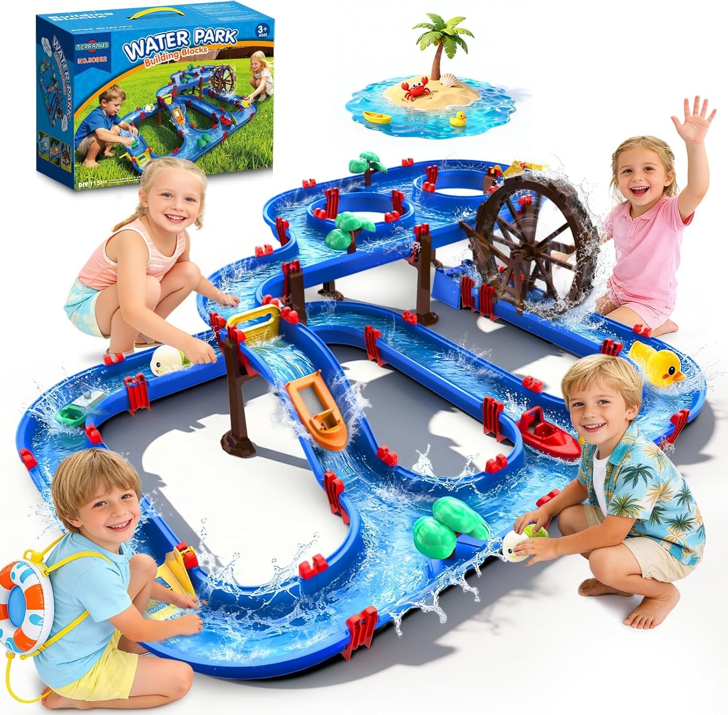 TERRAMUS 2-Tier Water Table Toys with Watermill for Kids, Upgraded Large 115PCS Water Park Playset, Summer Toys DIY Waterways for Backyard Beach Pool Lawn,Outdoor Toy for 3-5 4-8, Gifts for Boys Girls