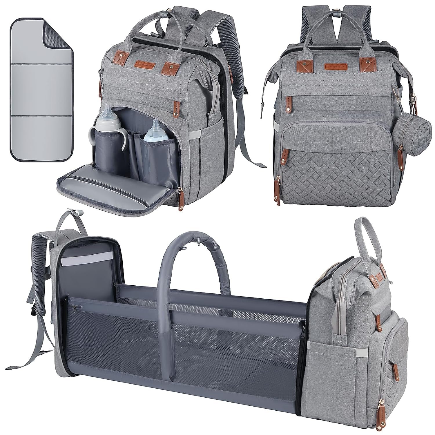 Diaper Bag Backpack with Changing Station, Grey | 900D waterproof fabric with USB port, fold-out pad and insulated pacifier case for travel or daycare