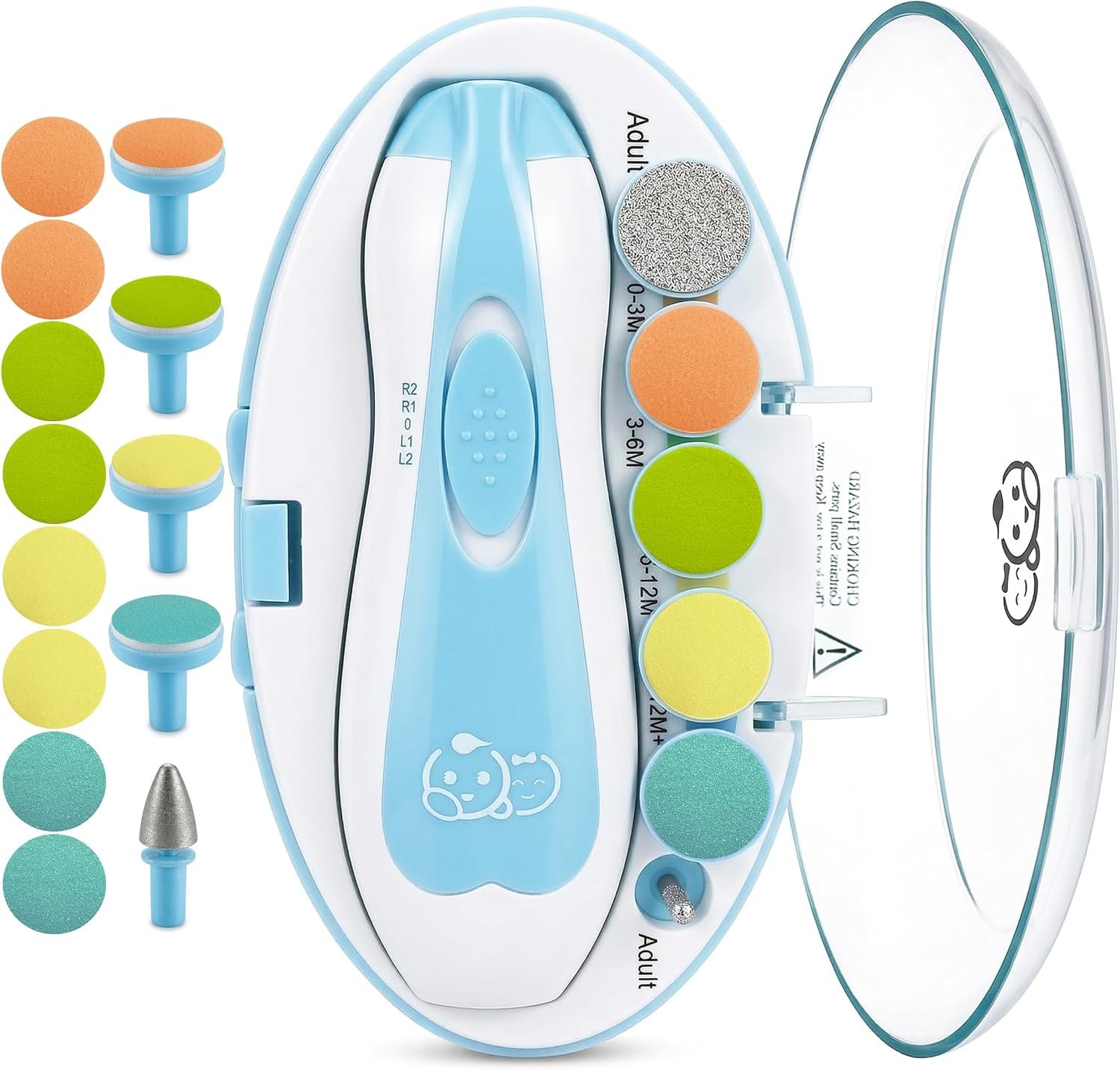 Royal Angels Upgraded 21 in 1 Baby Nail Trimmer with Labeled Case, 13 Extra Replacement Pads, Safe Electric Baby Nail File Kit for Newborns & Toddlers, Whisper Quiet Nail Clipper with LED Light (Blue)