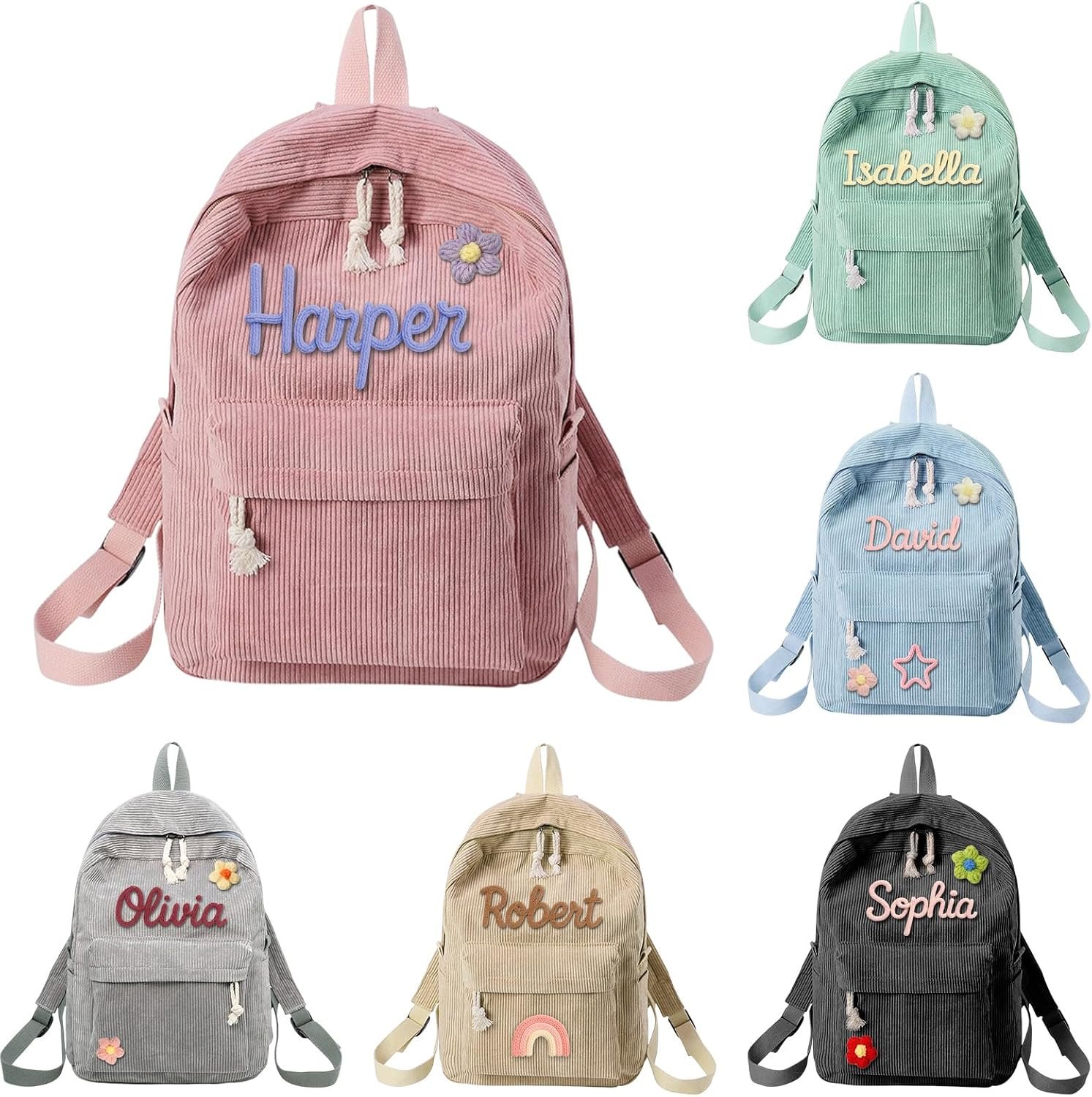 Dyoart Personalized Corduroy Backpack for Girls & Boys, Custom School Bag with Cotton Rope Woven, Monogram Book Bag for Toddlers and Kids Back to School Gifts