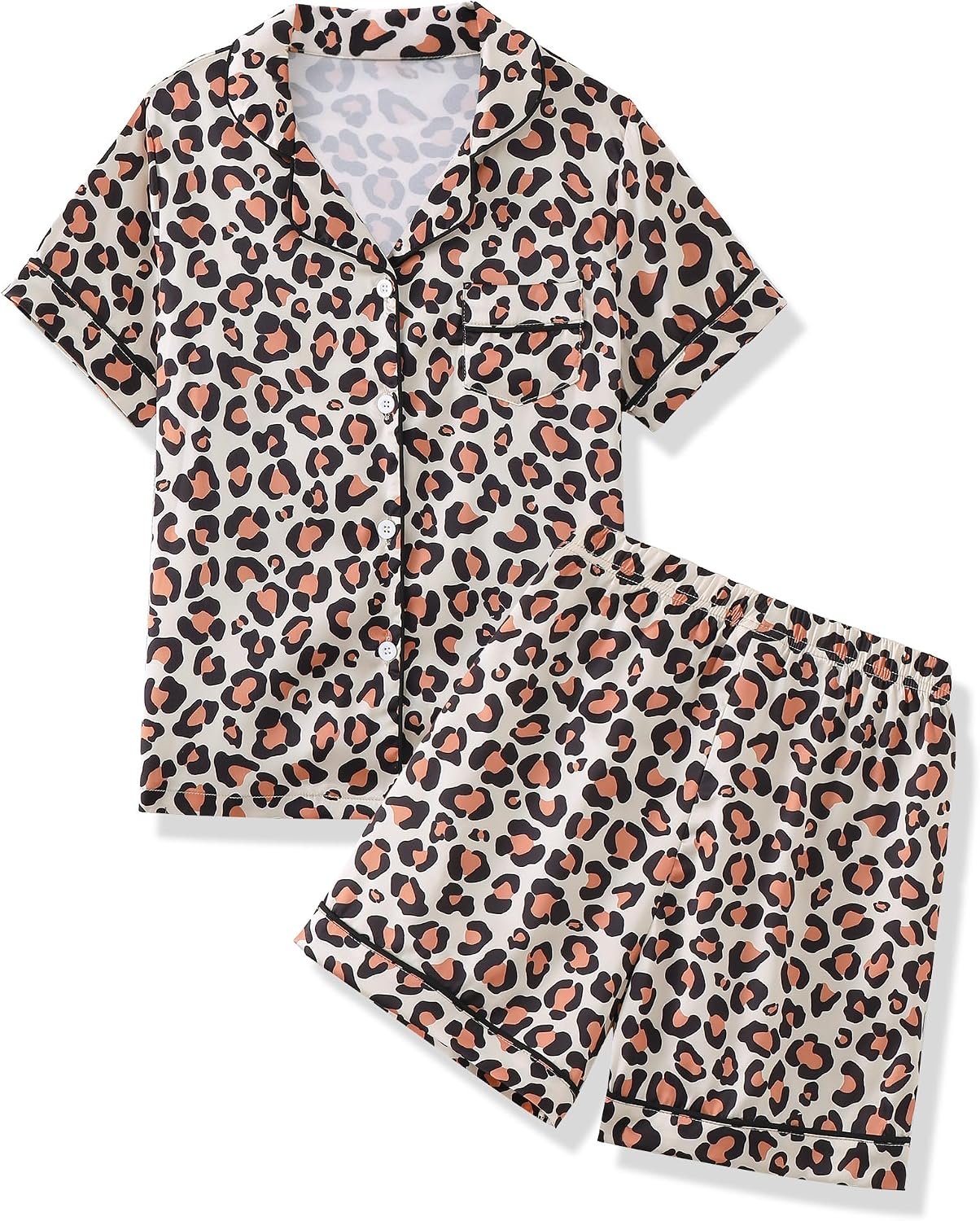 Mikrdoo Girls Pajamas 2 Piece Summer Soft Silk Satin Short Sleeve Pajama Set Cute Pjs Sleepwear for Kids Size 6-16 Years