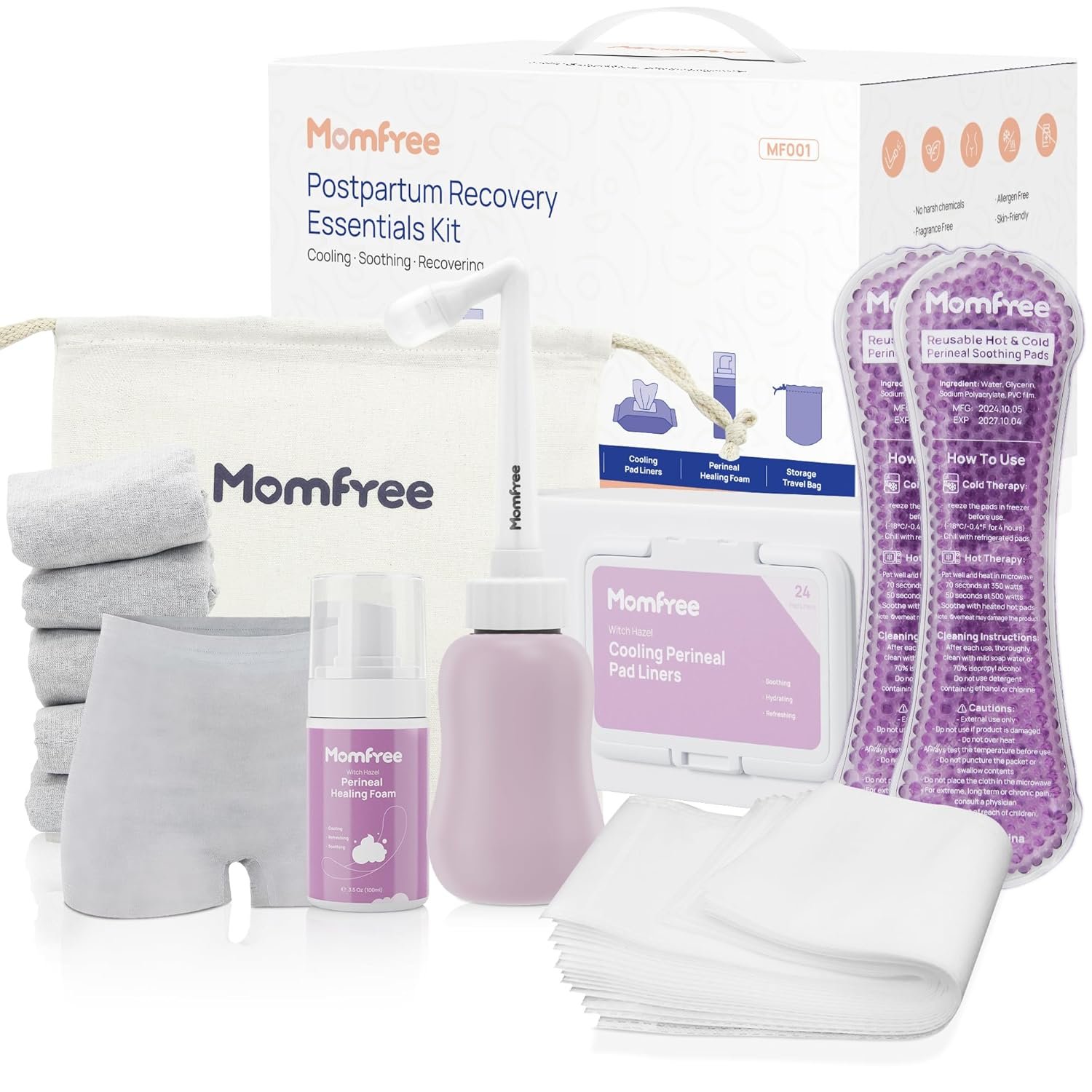 Postpartum Essentials Recovery Kit: Labor Delivery Post Partum 7 Pack Recovery Mom Care Set – Upside Down Peri Bottle | XL Disposable Underwear | Soothing Pads | Perineal Healing Foam | Canvas Bag