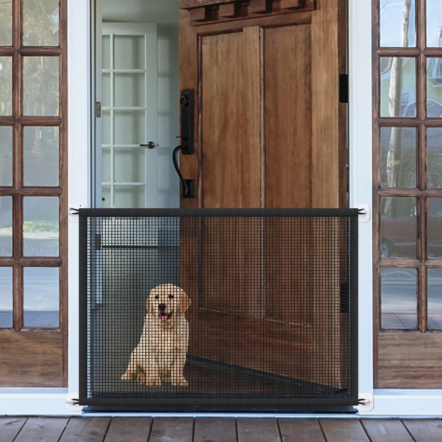 Mesh Gates for Kids or Pets, Magic Pet Gate for The House, Portable Baby Puppy Safety Fence Guard for Stairs and Doorways, Easy Install Anywhere, 43″ W x 30″ H, 8 Hooks