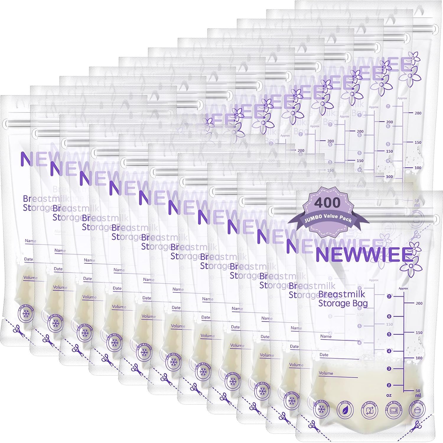 Newwiee 400 Count Breastmilk Storage Bags 7 oz Leak Proof Double Zipper Seal Breast Milk Storing Bags Self Standing Breast Milk Storage Containers for Breastfeeding Refrigerator or Freezer