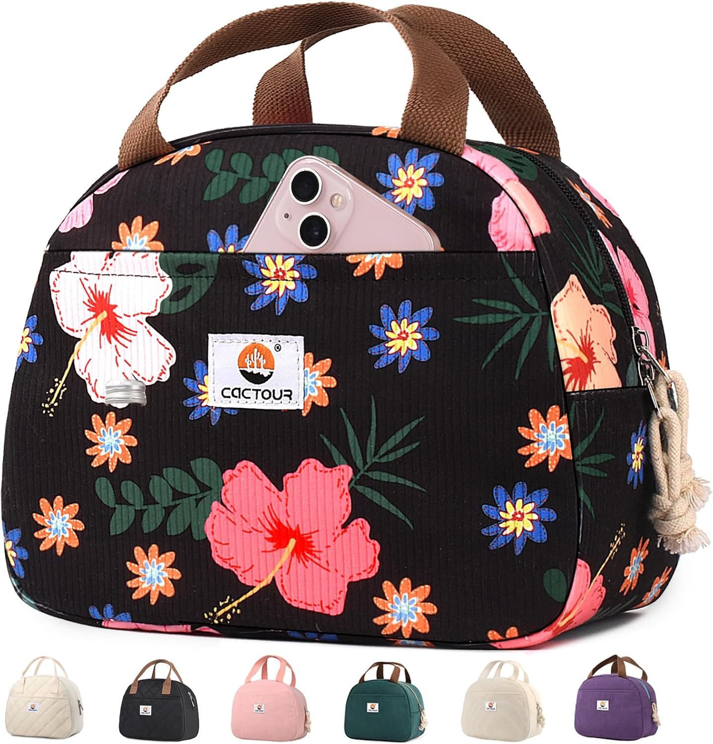 CaCTOUR Lunch Box for Women Girls Teens,Cute Lunch Box Cooler Bag, Portable Insulated Small Lunch Bag Women Reusable Corduroy Lunch Tote for Work/Travel/Picnic/School (Flower)