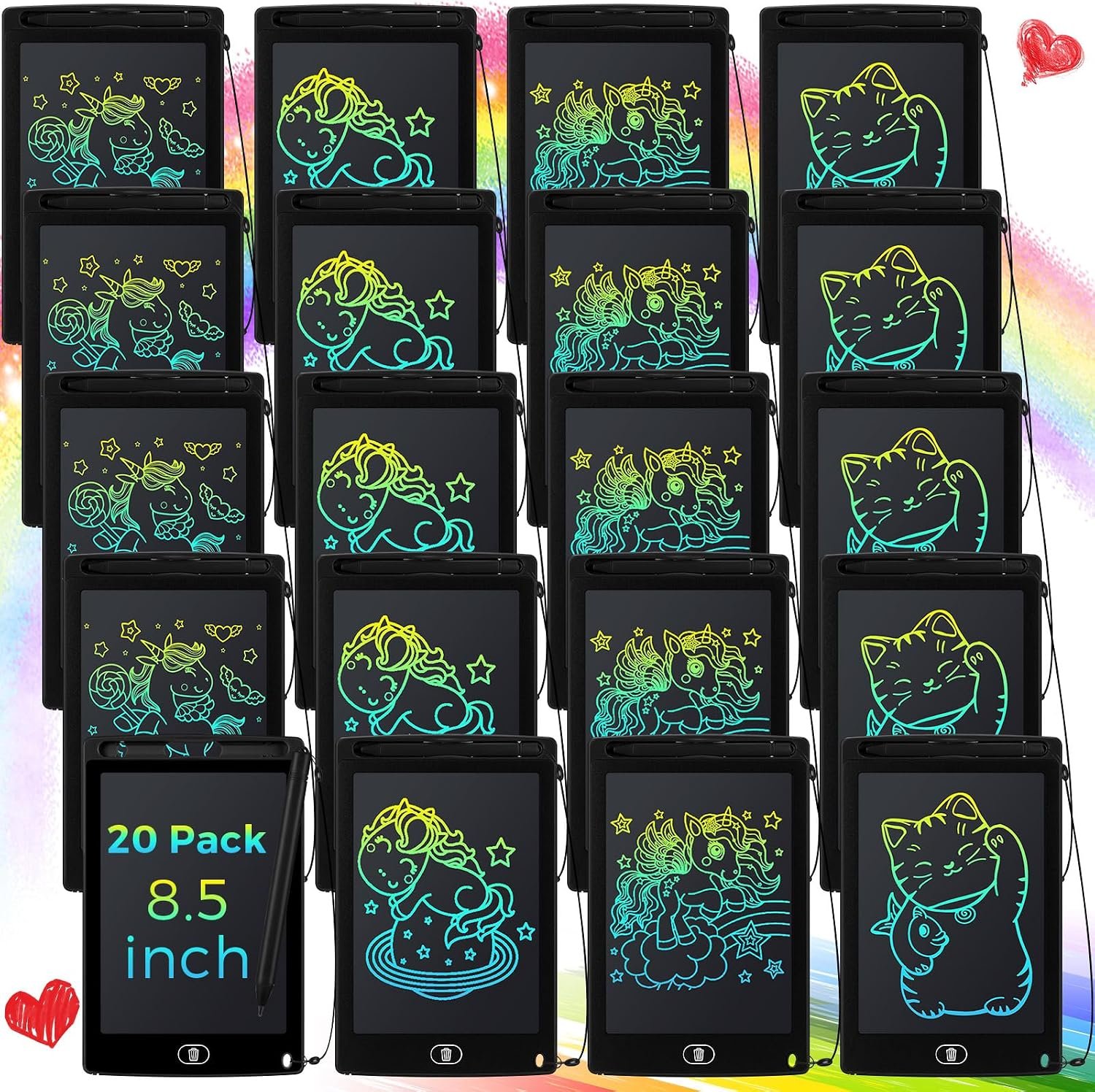 Zhehao 20 Pack LCD Writing Tablet for Kids: 8.5 Inch Colorful Drawing Doodle Boards – Reusable Erasable Doodle Board Educational Learning Toys Gifts for Toddlers Ages 3-8 Party Favors(Black,Cute)