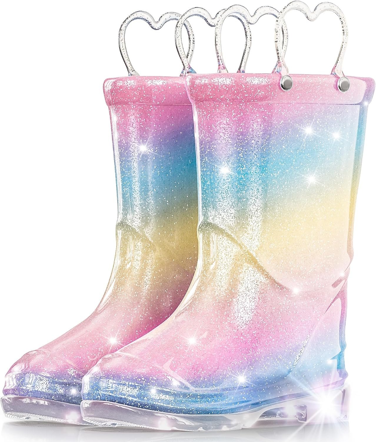 Funspread Toddler Rain Boots Girls Rain Boots – Glitter Light Up Kids Rain Boots with Easy-On Handles Lightwight Waterproof Rain Shoes(Toddler/Little/Big kids)