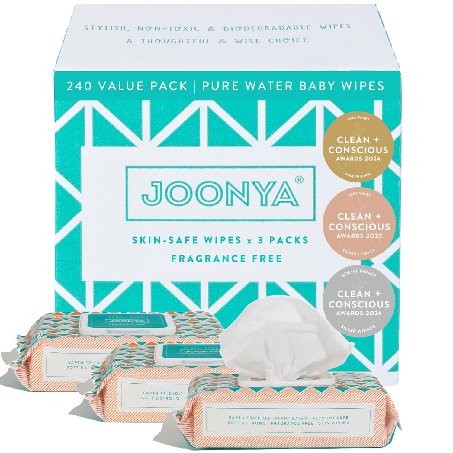 JOONYA Unscented Baby Wipes — Plant-Based, Fragrance-Free Bulk Diaper Wipes | Hypoallergenic, Non-Toxic & Biodegradable Wet Wipes for Sensitive Newborn Skin | 3 Packs of 80 (240 Total)
