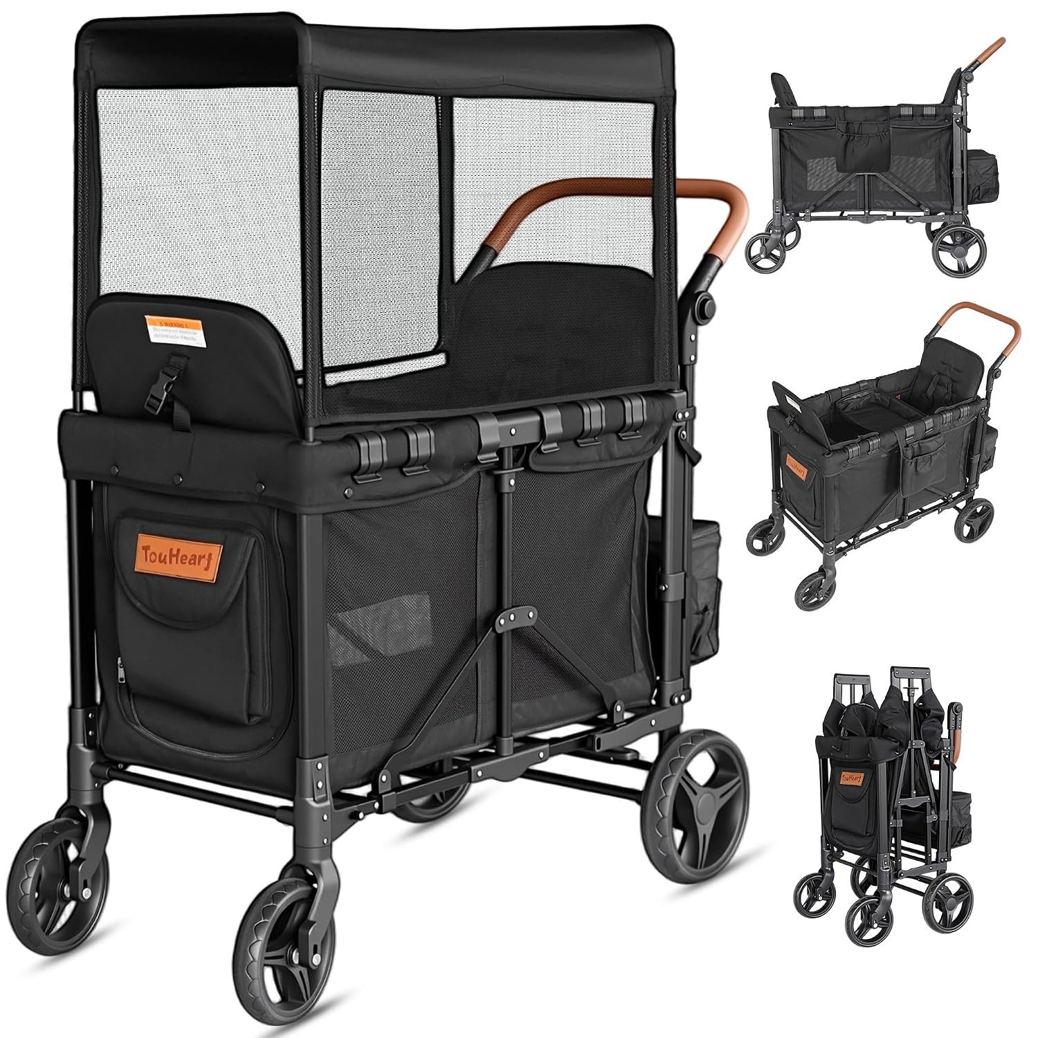 JML002 Wagon Stroller for 2 Kids – Double Seater Push Stroller with Canopy | Collapsible Foldable Wagon for Kids Toddlers & Infants with Removable Seat Pads, Black