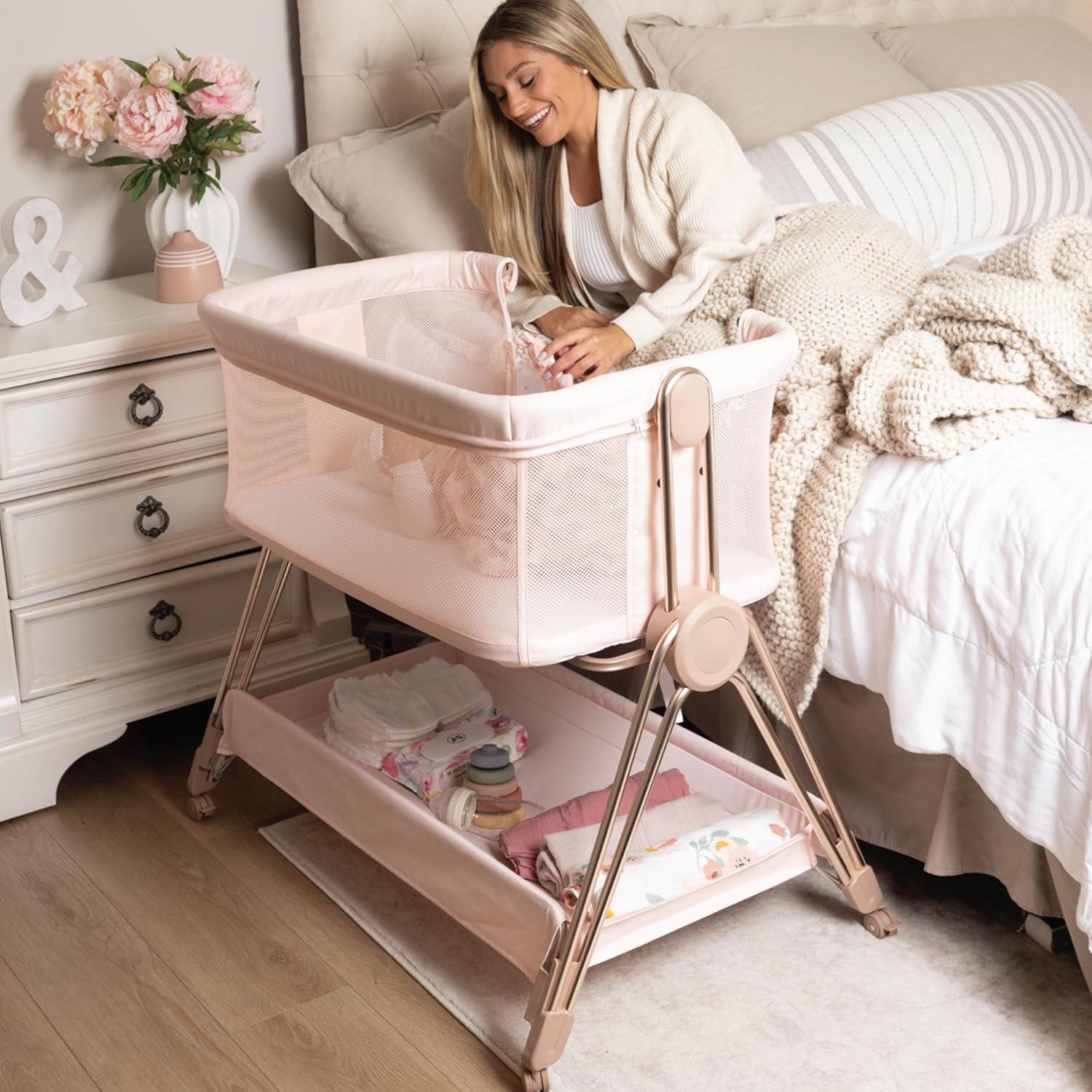 KOOLABABY Baby Bedside Sleeper – Bassinet & Bedside Crib with Height Adjustment & Wheels – Can Be Placed Next to Bed – Attaches to Parents Bed – Easy to Fold & Carry Bassinet for Girls (Pink)
