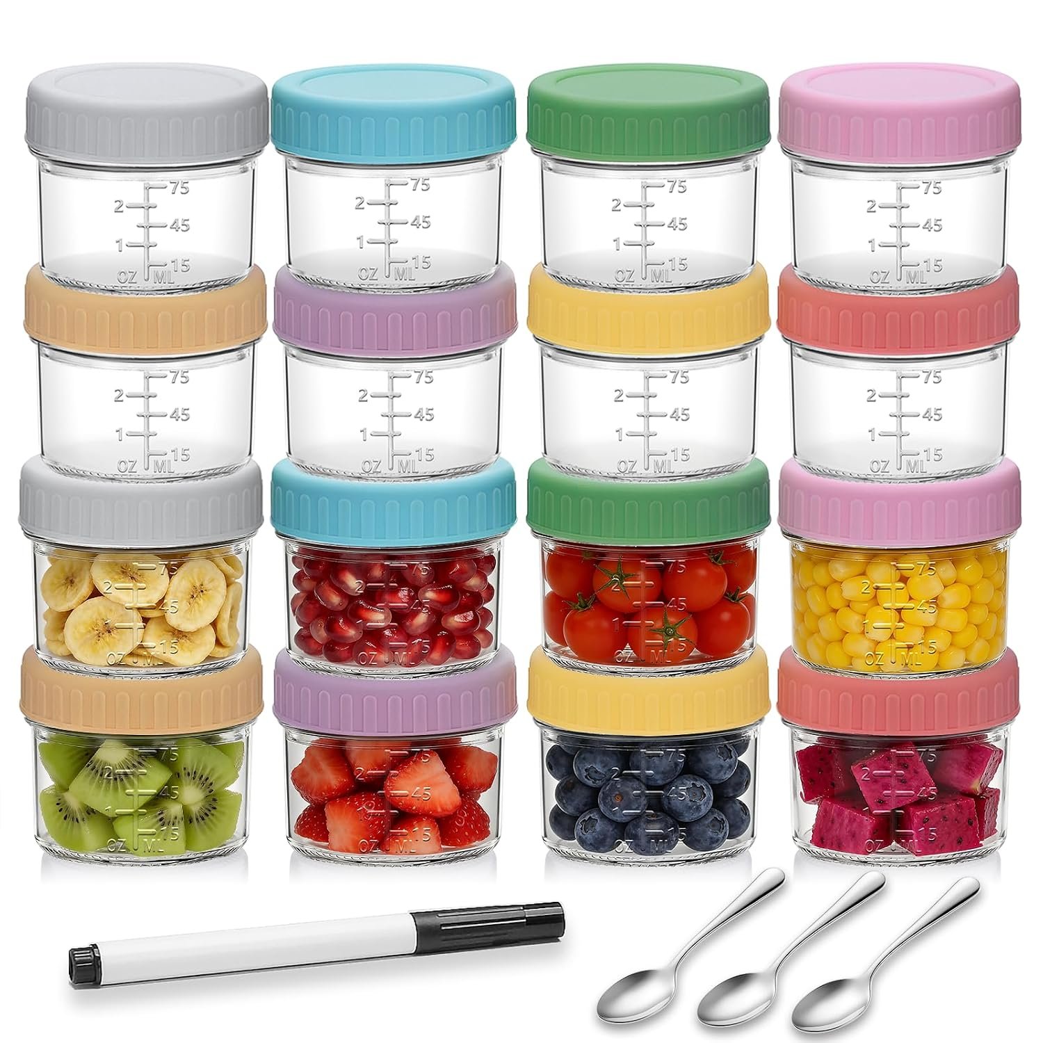 Accguan 16 Pack Glass Baby Food Storage Containers, 4 oz Baby Food Jars with Lids, Baby Food Maker for Microwave & Dishwasher Freezer Safe,BPA Free