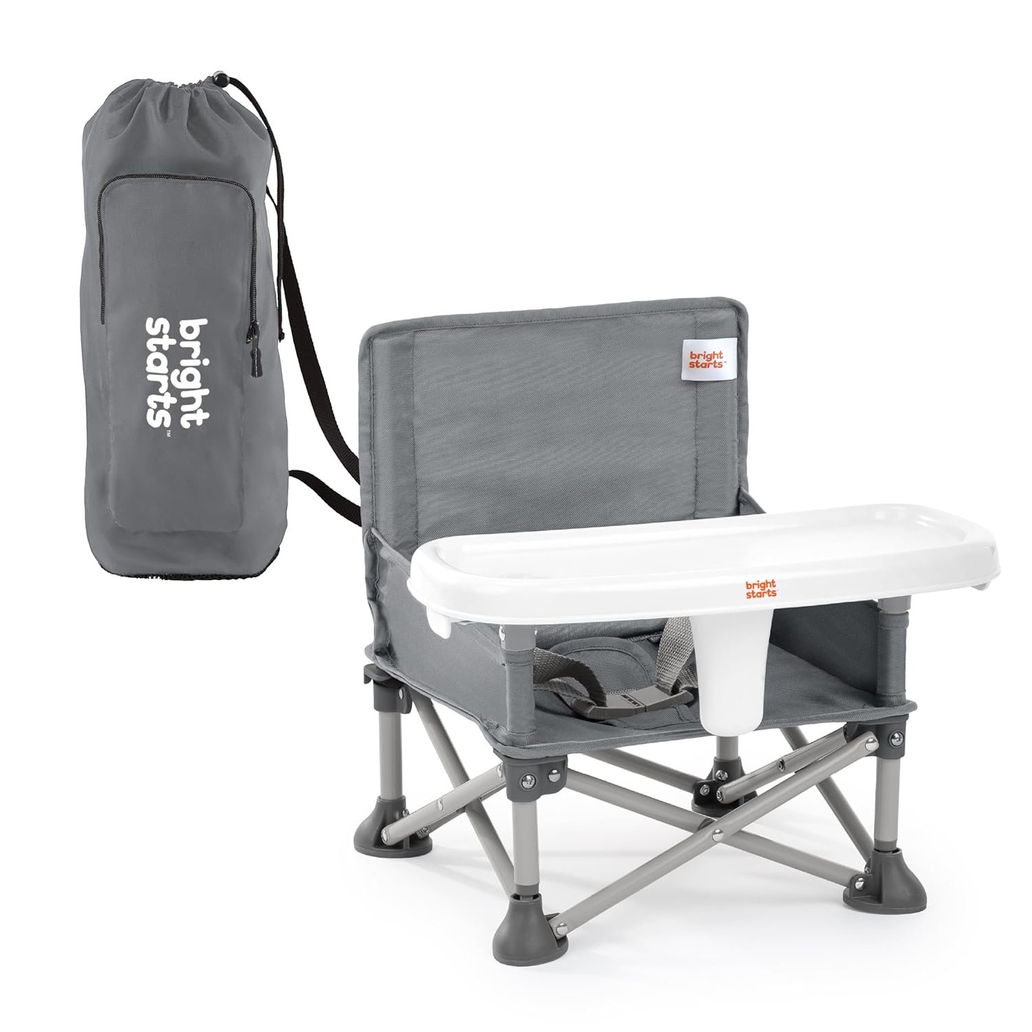 Bright Starts Pop ‘N Sit Portable Booster Seat, 3-in-1 Floor Seat, Travel High Chair & Toddler Booster with Feeding Tray, Indoor/Outdoor, Grey, 6 Months–3 Years