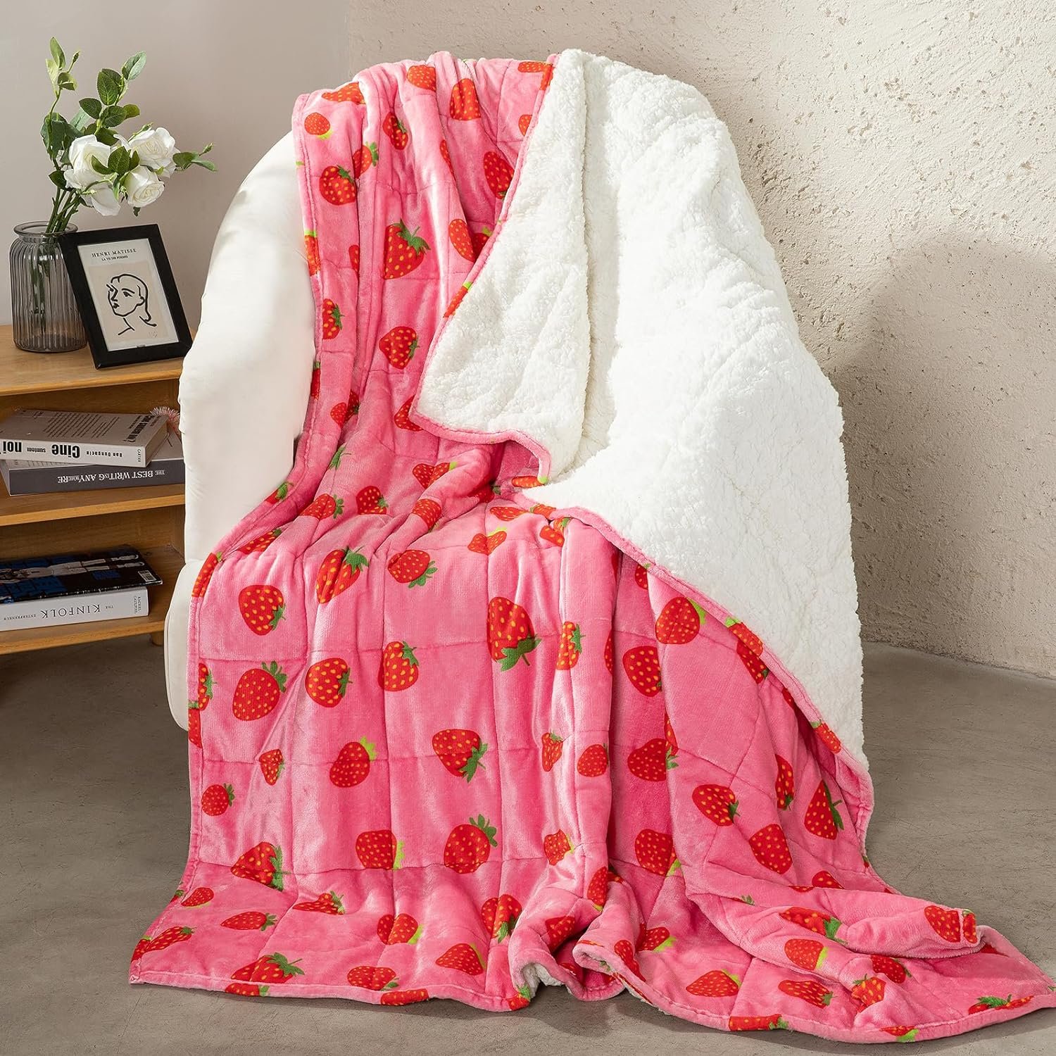 Aemicion Strawberry Pink Weighted Blanket 15lbs Twin Size 48x72in,Soft Sherpa Washable Weighted Blankets for Adults,Cozy Cute Throw Blanket Weighted as Birthday Gifts for Girls Women Mom