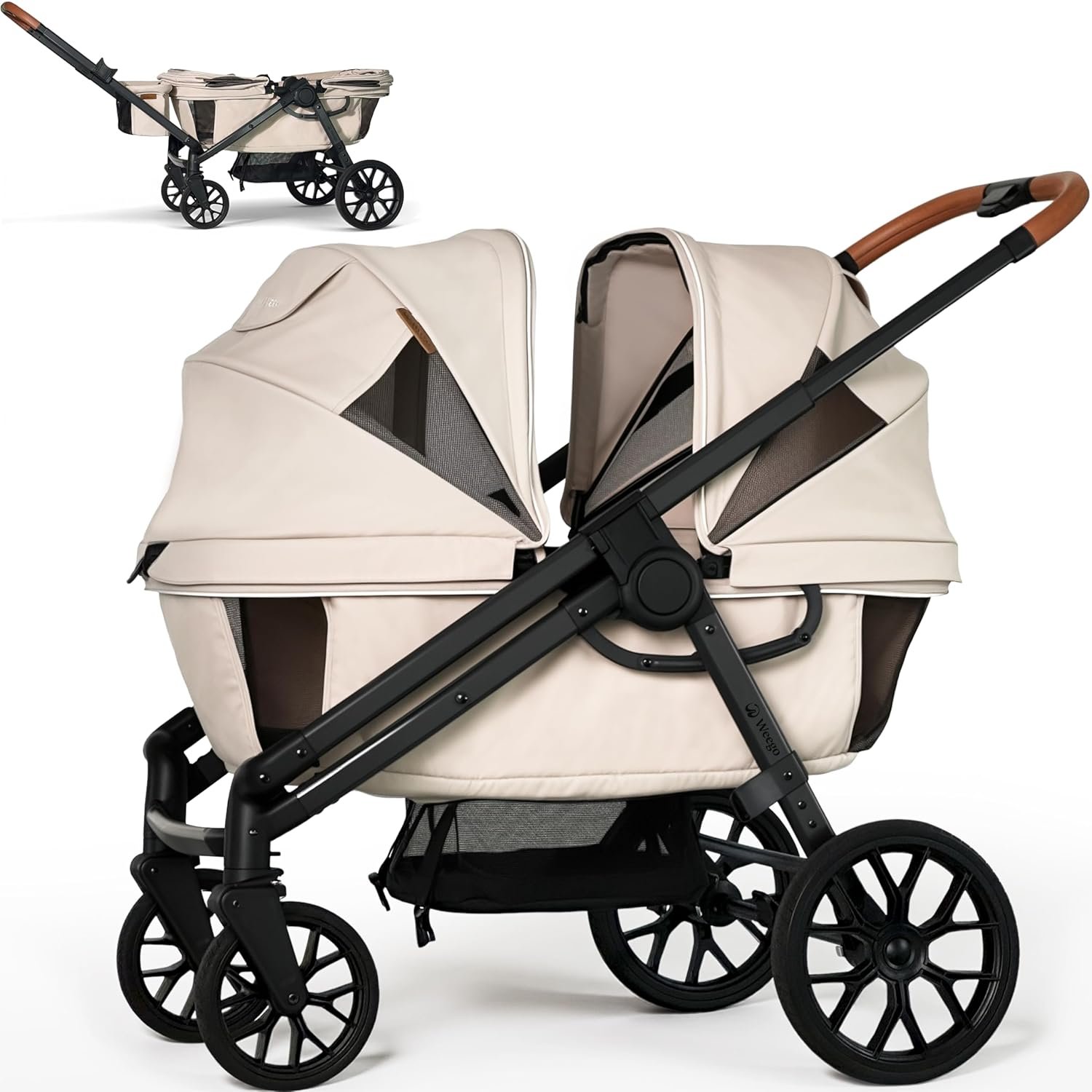 Wagon Stroller for 2 Kids, Foldable All-Terrain Stroller Wagon with Removable UV-Protection Canopy, Adjustable Push/Pull Handle, Snack Tray, Cup Holders & Storage Basket for Baby and Toddler（Khaki）