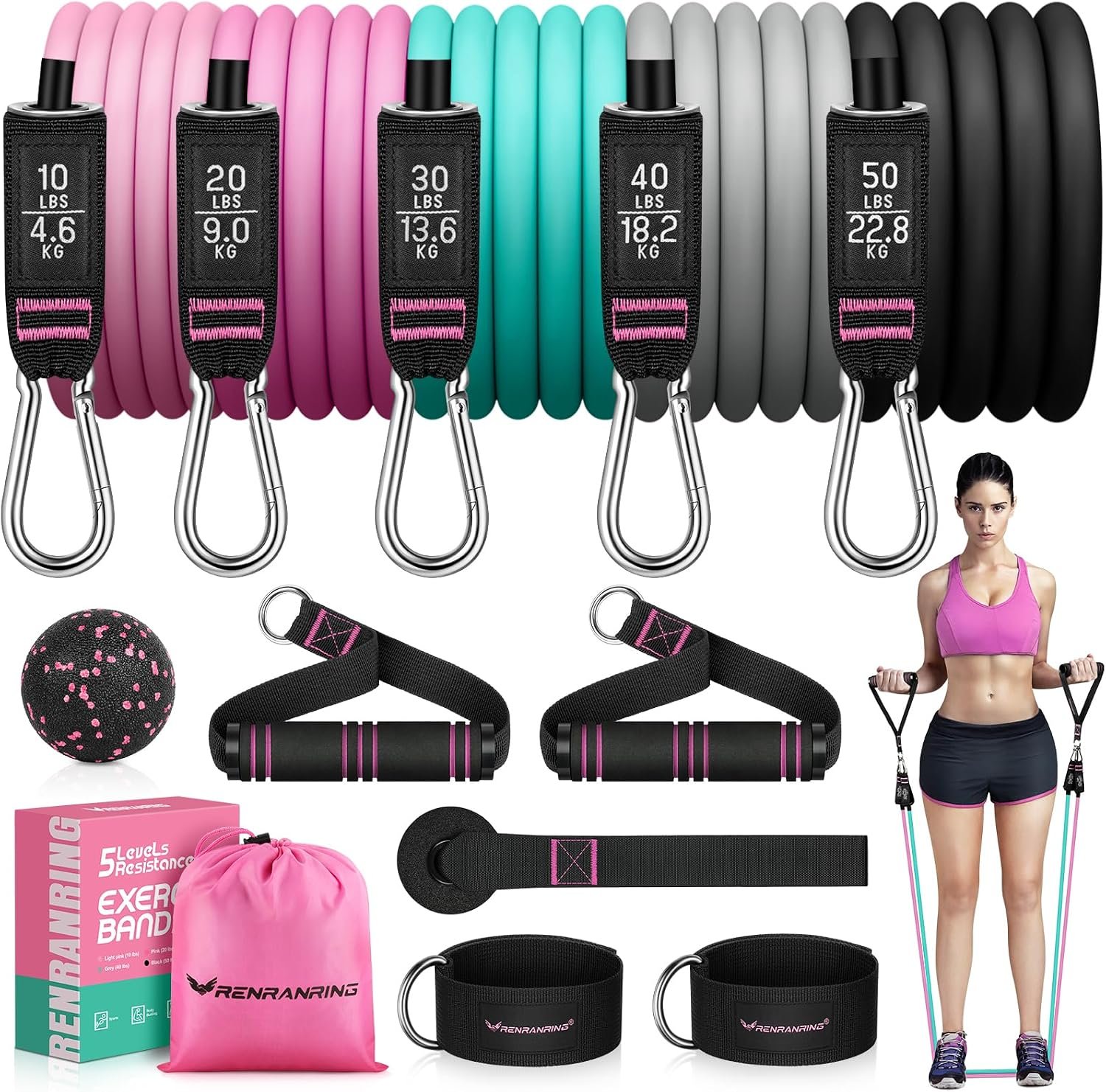 RENRANRING Resistance Bands for Working Out, 150LBS Exercise Bands, Workout Bands, Resistance Bands Set with Handles for Men Women, Legs Ankle Straps