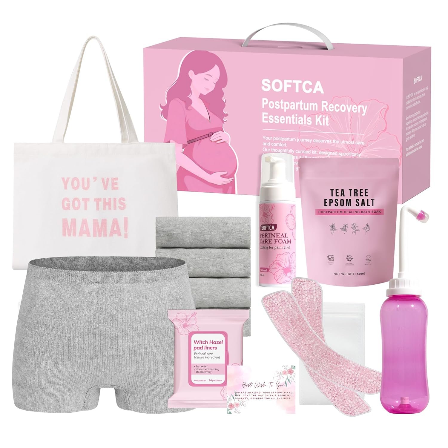 Postpartum Essentials Kit – Peri Bottle,Perineal Ice Packs,Perineal Healing Foam,Disposable Underwears,Cooling Pad Liners,Bath Salts,Canvas Bag,Card,Postpartum Gifts for Mom