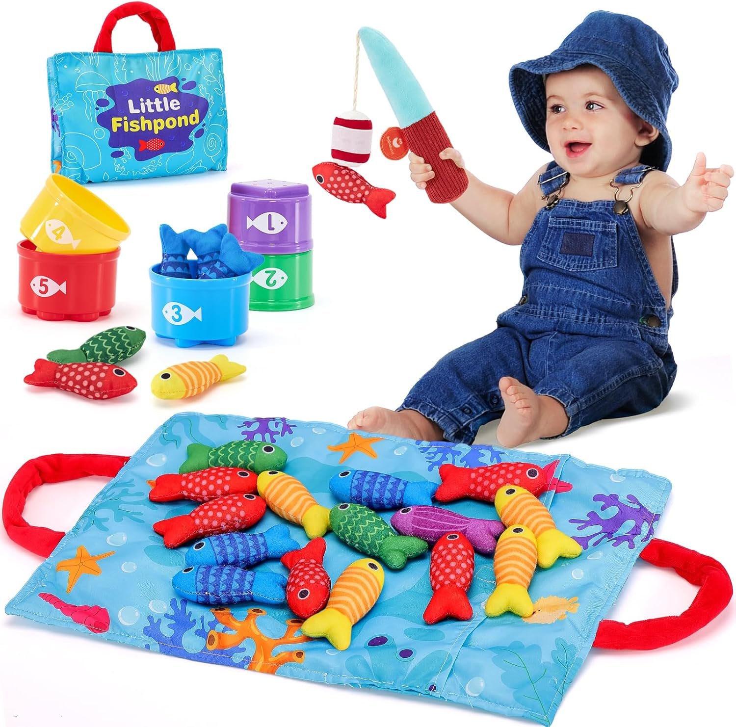 hahaland Montessori Toys for 1 Year Old Boy Girl Birthday Gift – 10 in 1 Cloth Fishing Game Toddler Toys with Stacking Cups – Number Counting, Color Sorting Learning