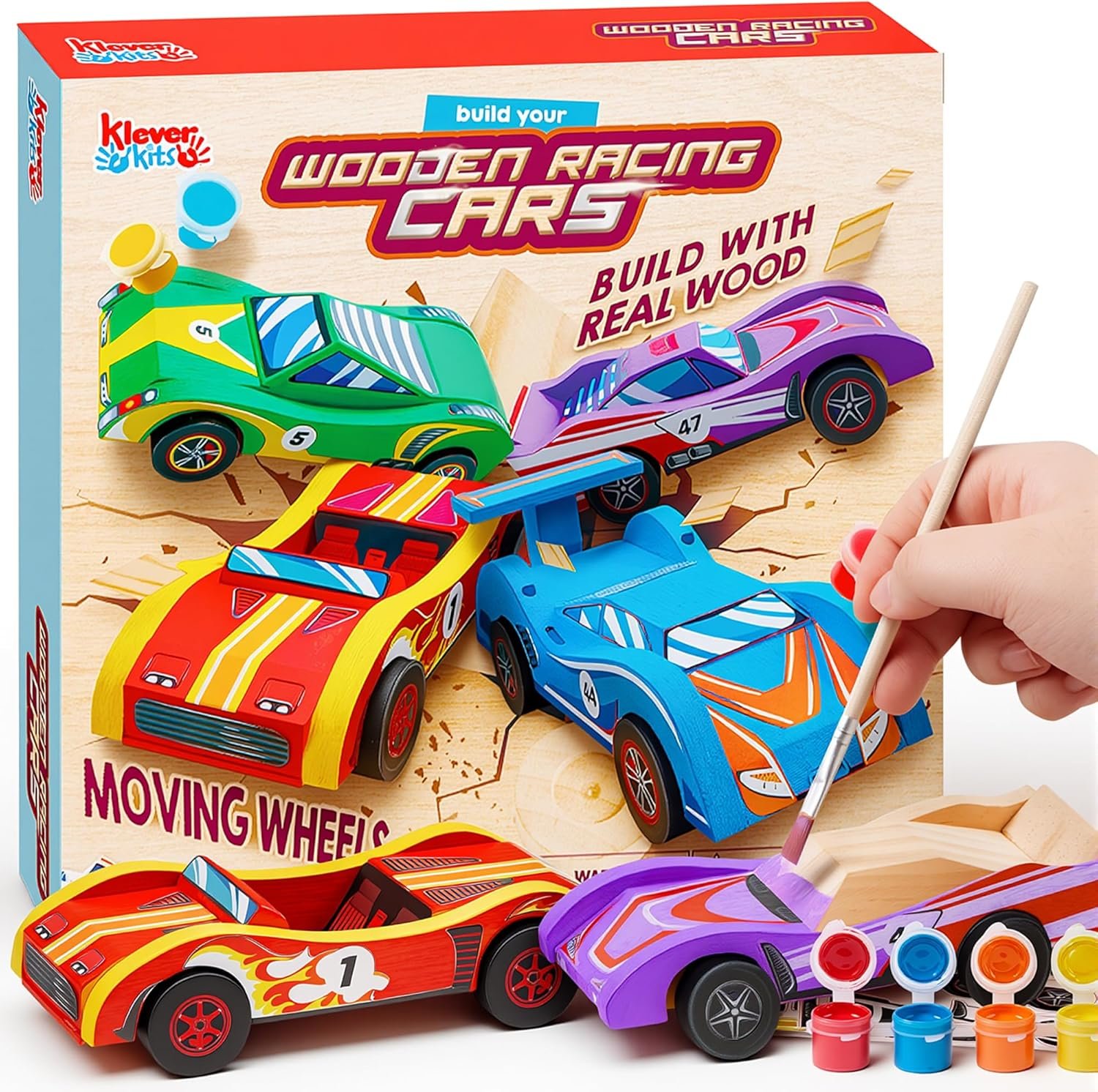 Klever Kits 4 DIY Wooden Race Cars-Build & Paint Your Own Wood Craft Kit, 4 Race Cars Toy, Easy to Assemble Arts Crafts Kit, Birthday Party Presents for Kids Boys and Girls