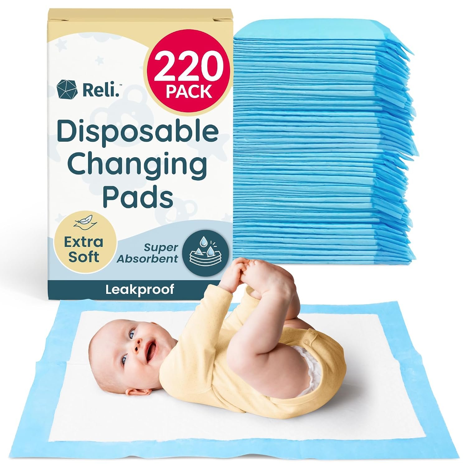 Reli. Disposable Changing Pads for Baby (220 Pack) | Disposable Diaper Changing Pads, 13″ x 18″ | Super Absorbent, Leak-Proof Liners | Waterproof, Quick Dry Underpads (Blue/White)