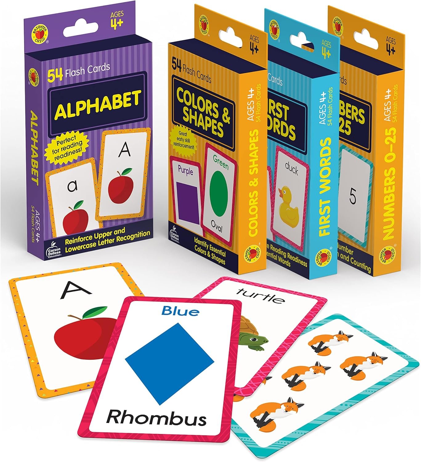 Carson Dellosa 216 Toddler Flash Cards, 4 Pack of Sight Words, Alphabet, Numbers, Colors and Shapes Flashcards Ages 4 and Up, Phonics and Math Kindergarten and Preschool Learning Activities